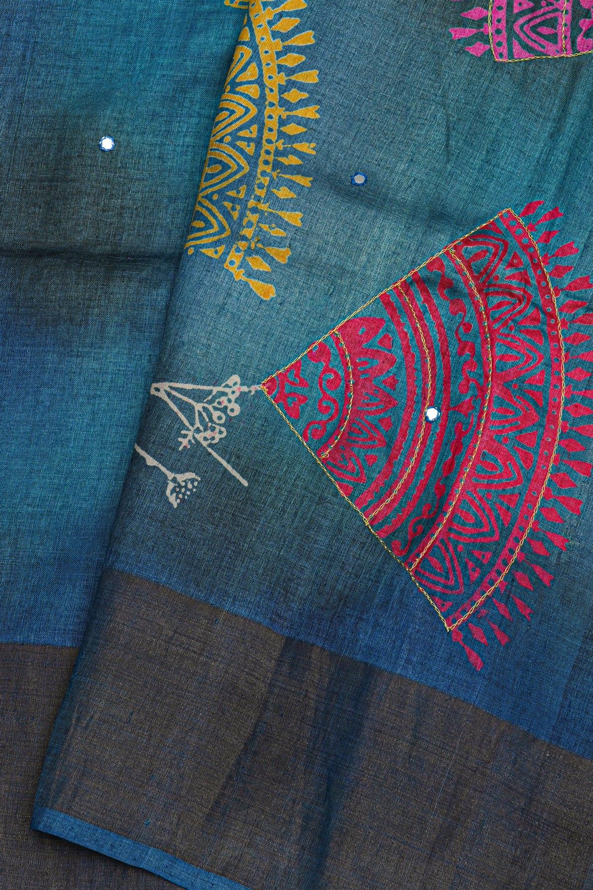 Fancy Tussar Dual Colour Saree With Mirror And Cut Work Pallu
