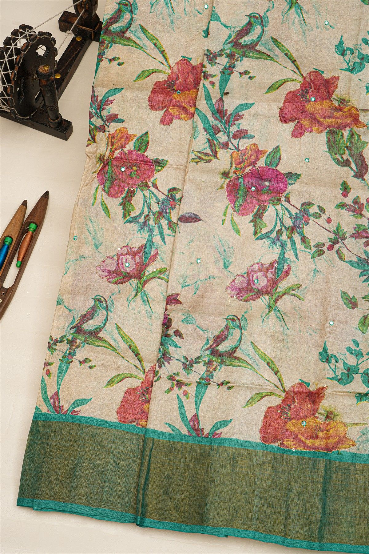 Fancy Tussar Off White Saree With Mirror And Cut Work Pallu
