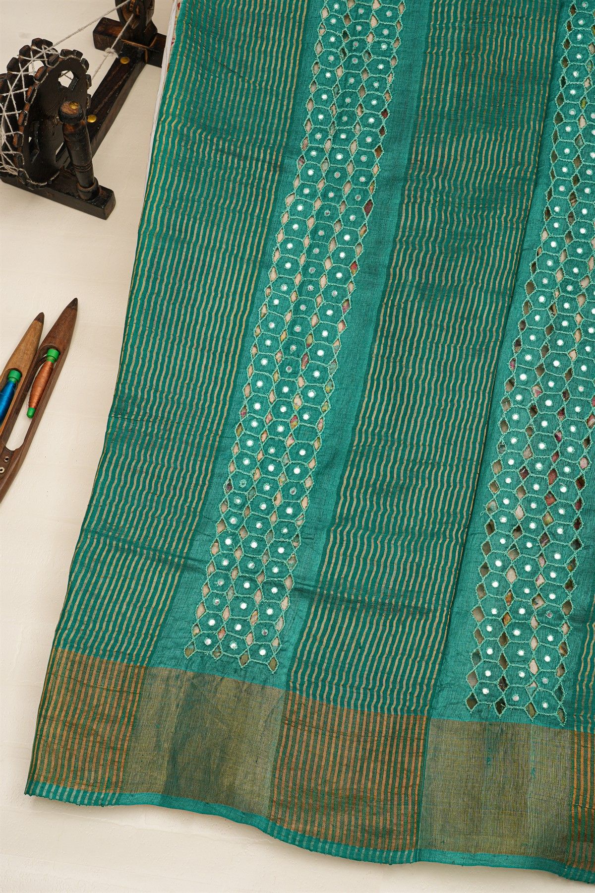 Fancy Tussar Off White Saree With Mirror And Cut Work Pallu