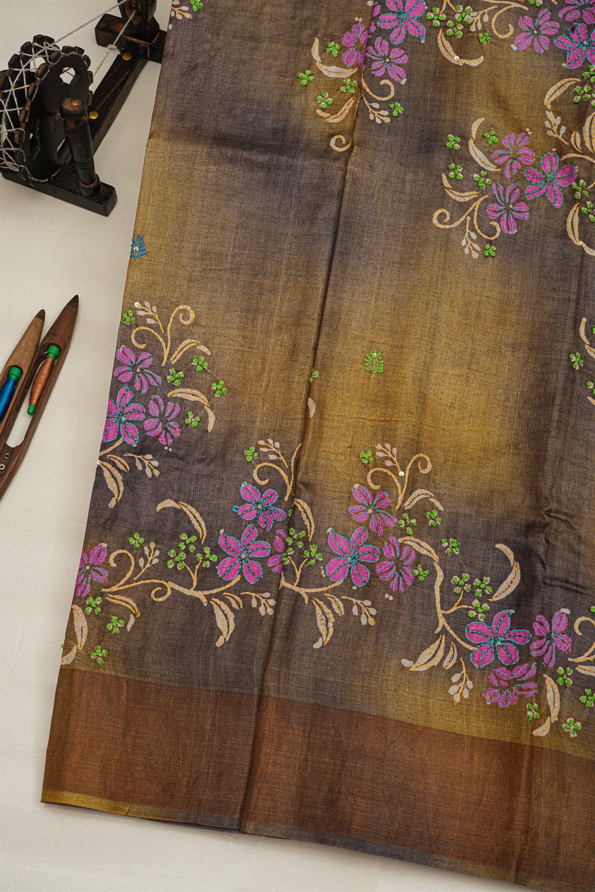 Fancy Tussar Dual Colour Saree With Kaddi Border