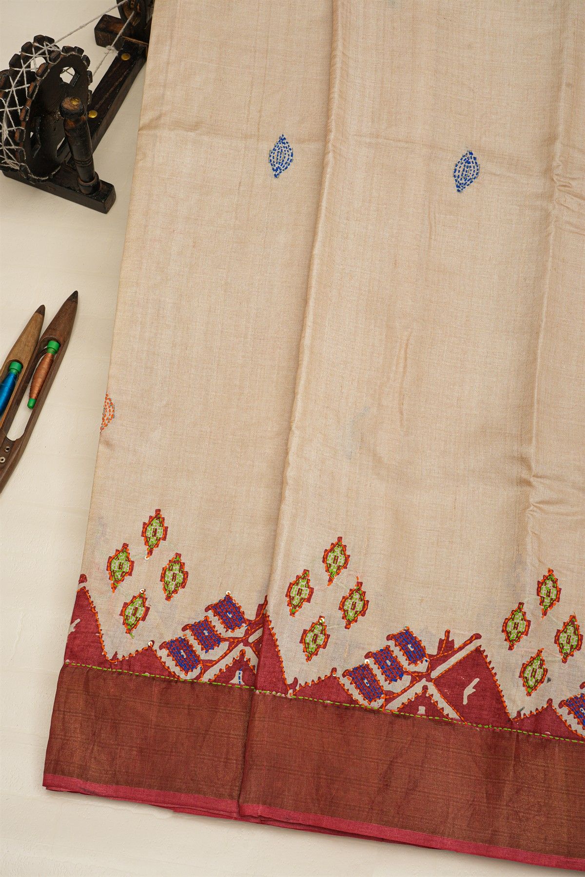 Fancy Tussar Beige Saree With Kaddi Border