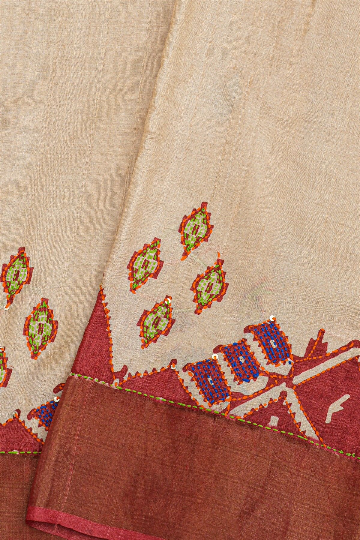 Fancy Tussar Beige Saree With Kaddi Border