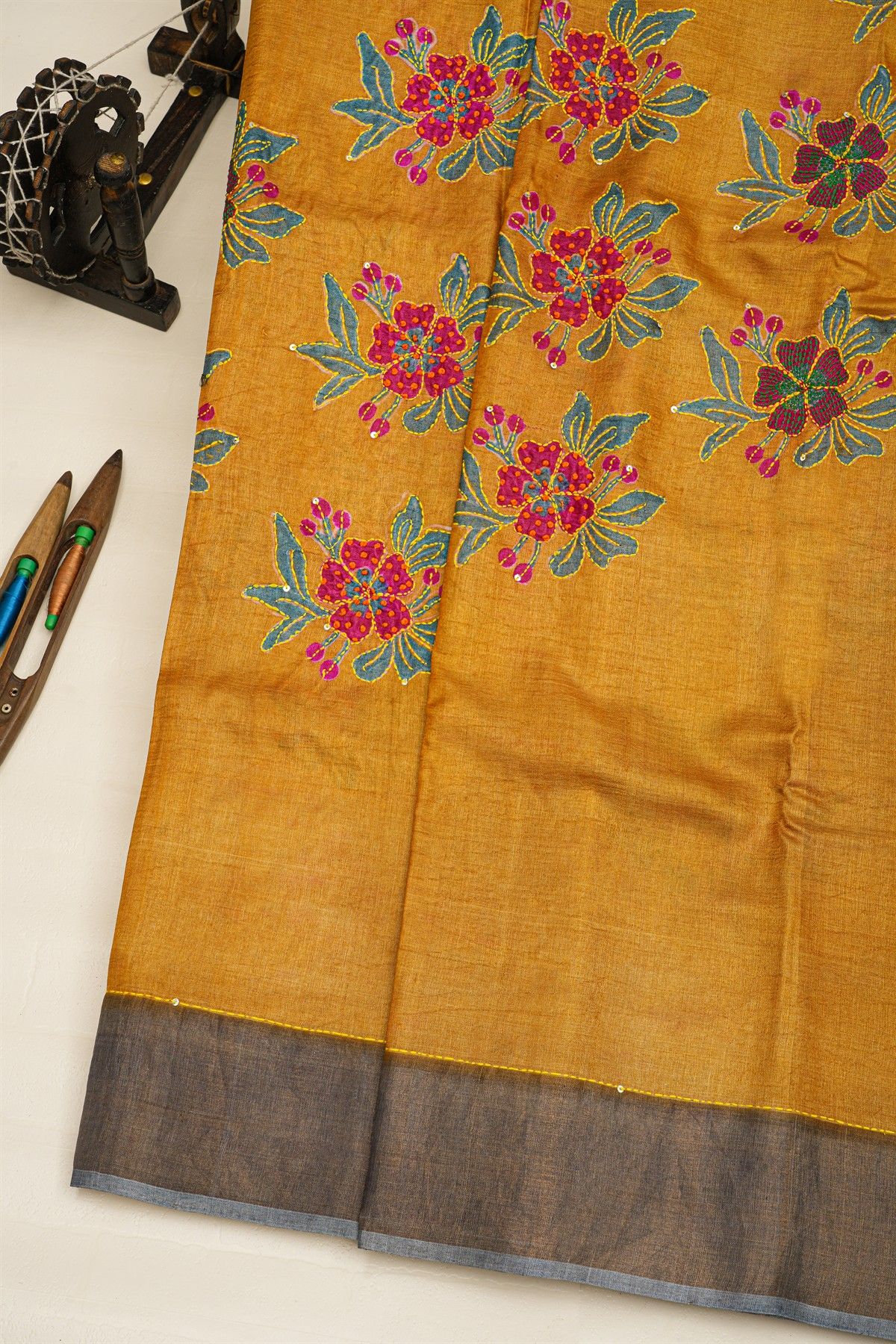 Fancy Tussar Mustard Saree With Kaddi Border