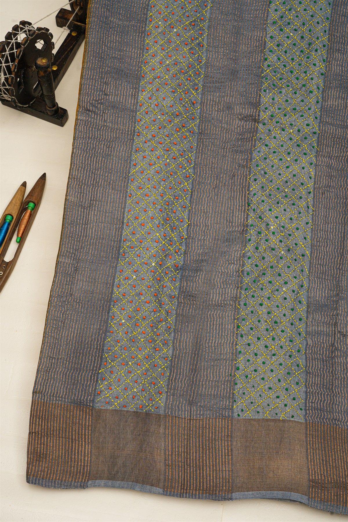Fancy Tussar Mustard Saree With Kaddi Border