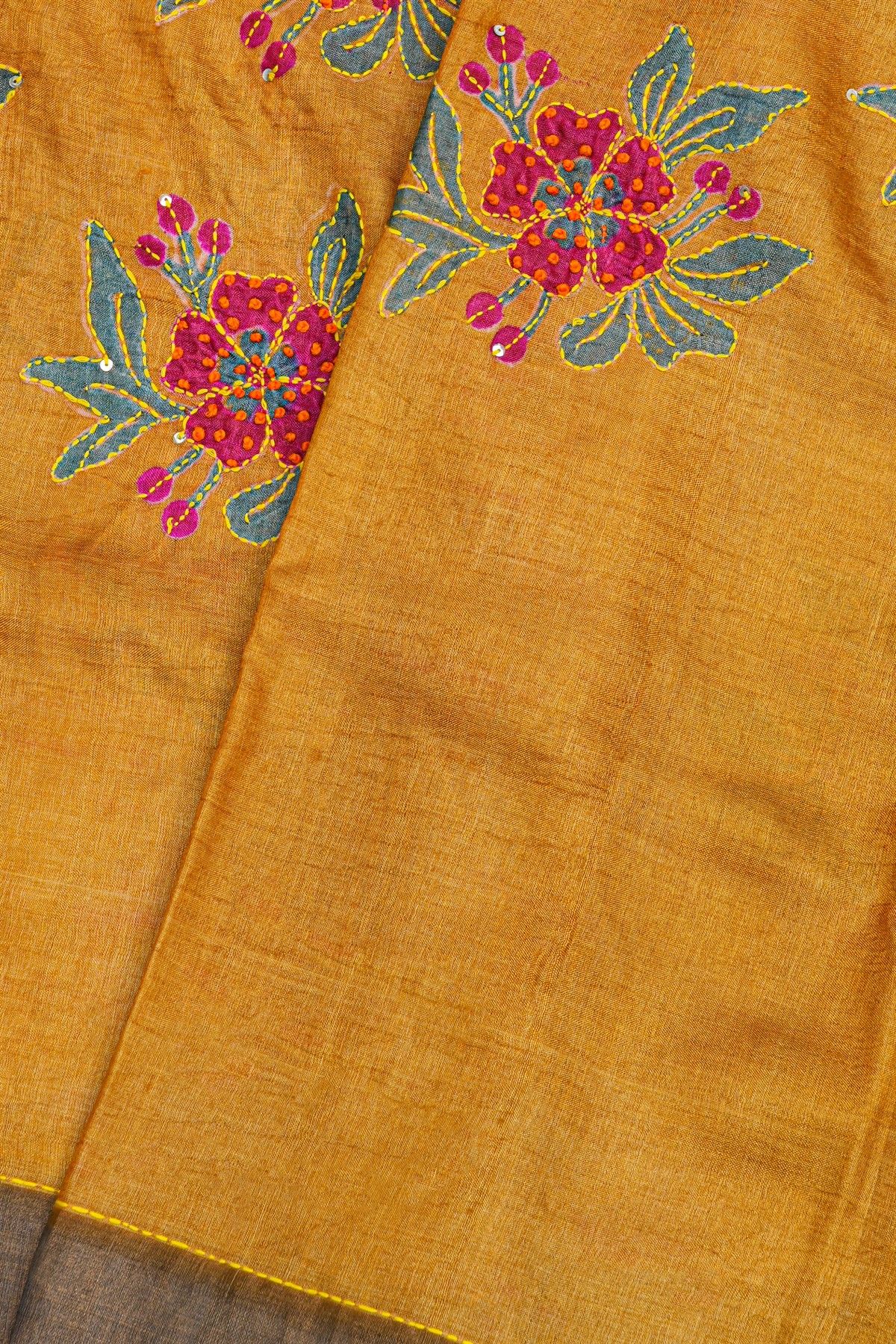 Fancy Tussar Mustard Saree With Kaddi Border