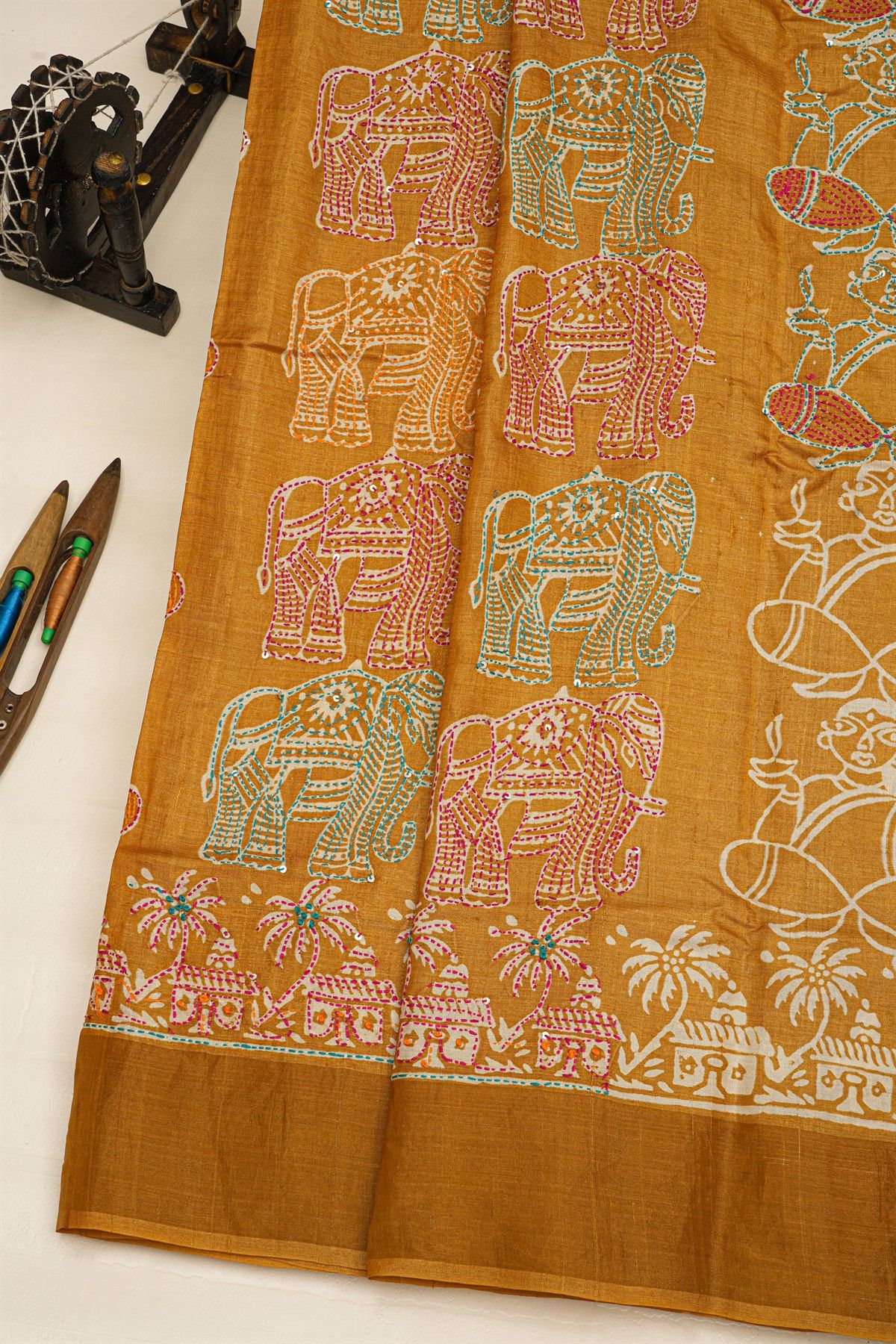 Fancy Tussar Mustard Saree With Kaddi Border