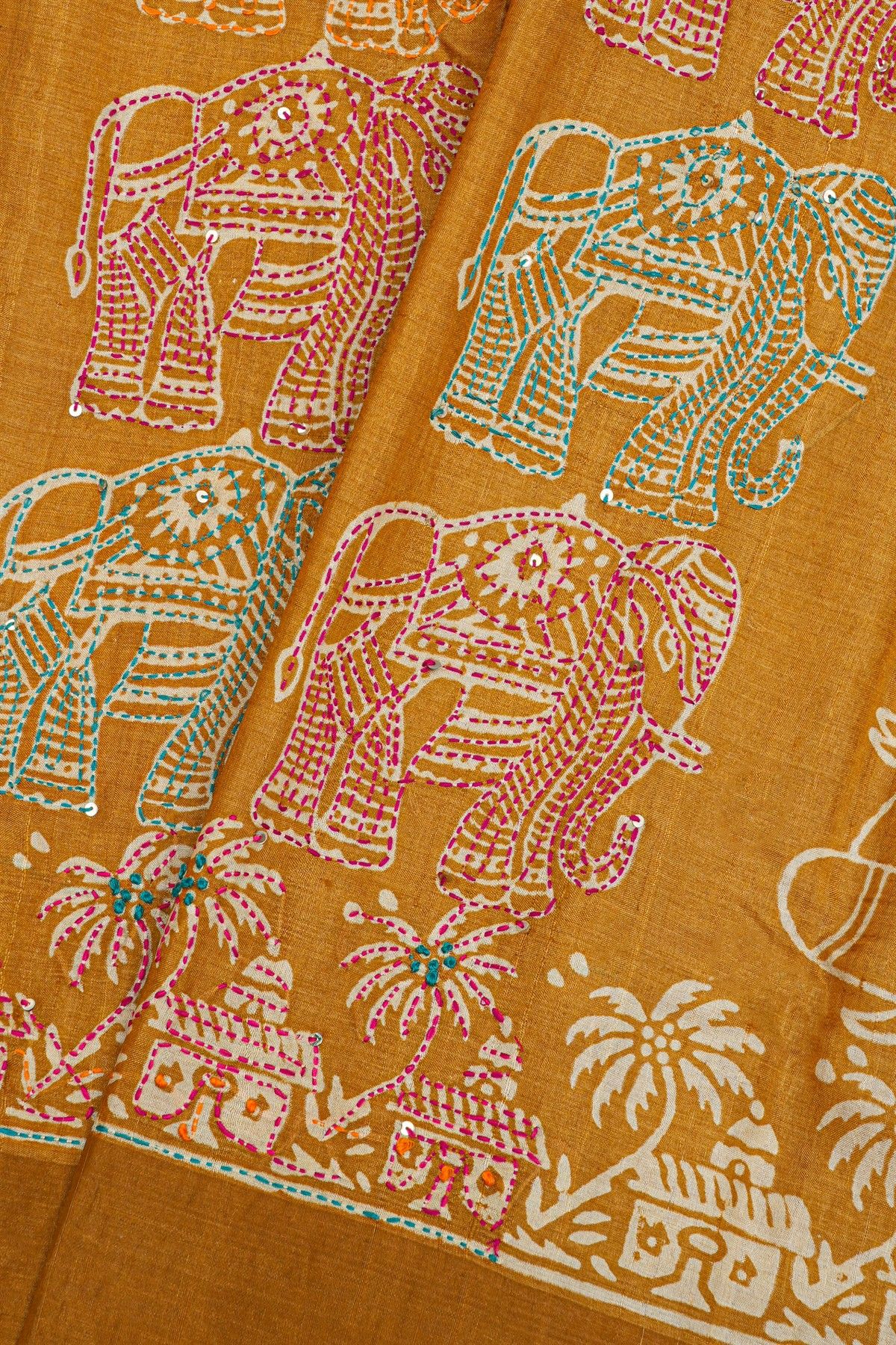 Fancy Tussar Mustard Saree With Kaddi Border