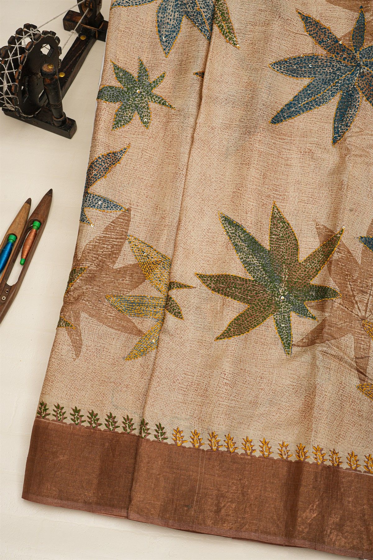 Fancy Tussar Cream Saree With Kaddi Border