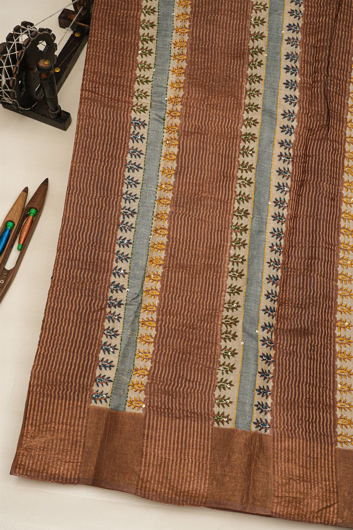 Fancy Tussar Cream Saree With Kaddi Border