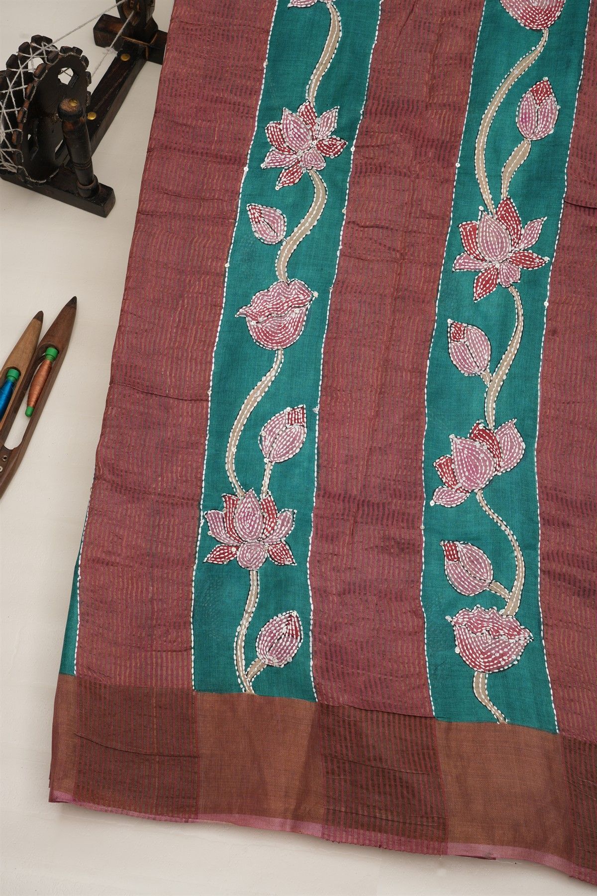Fancy Tussar Rama Green Saree With Kantha Work Pallu