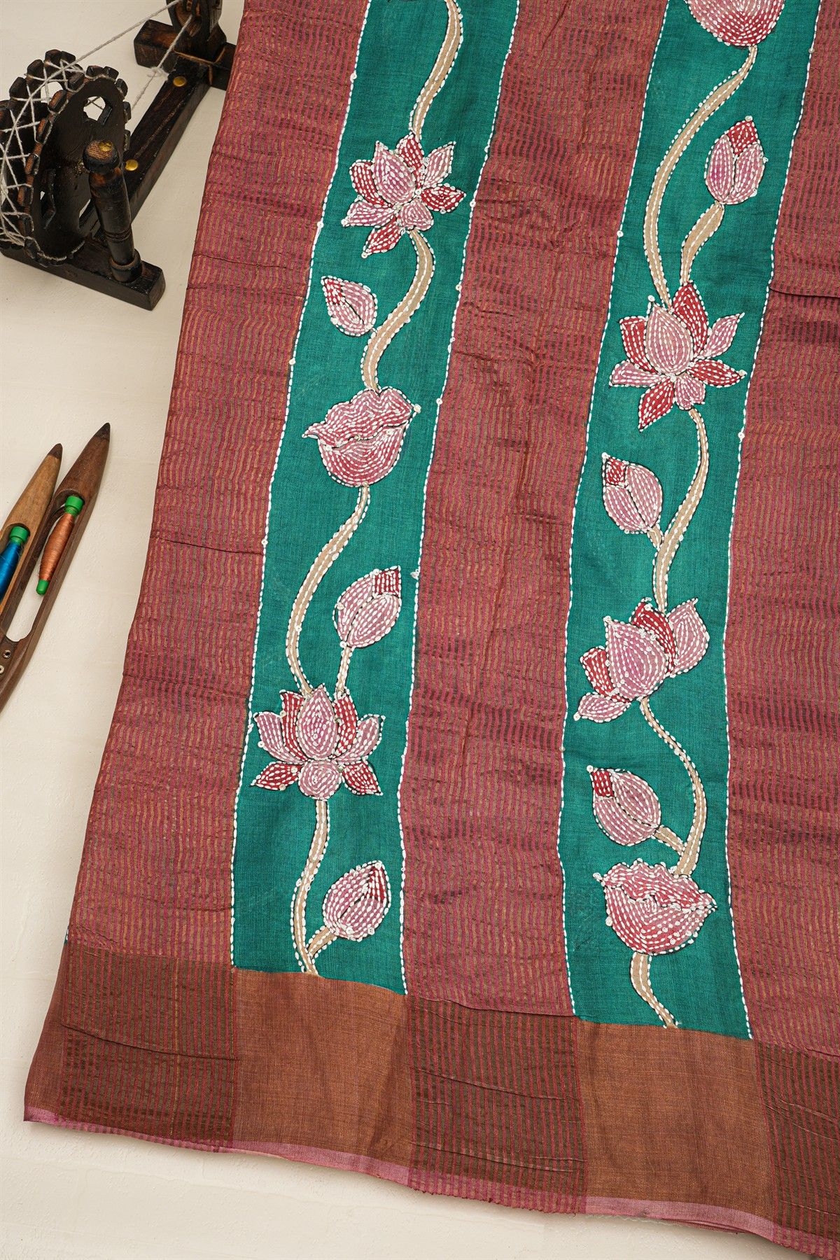 Fancy Tussar Rama Green Saree With Kantha Work Pallu