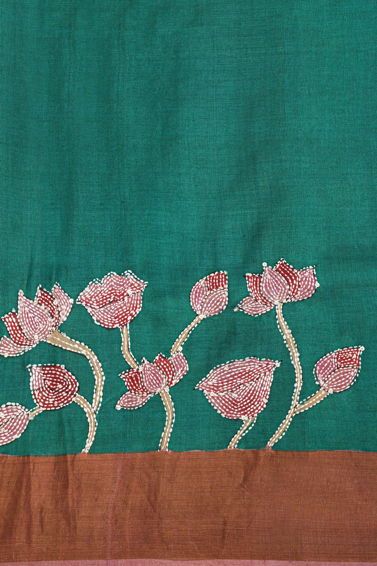 Fancy Tussar Rama Green Saree With Kantha Work Pallu