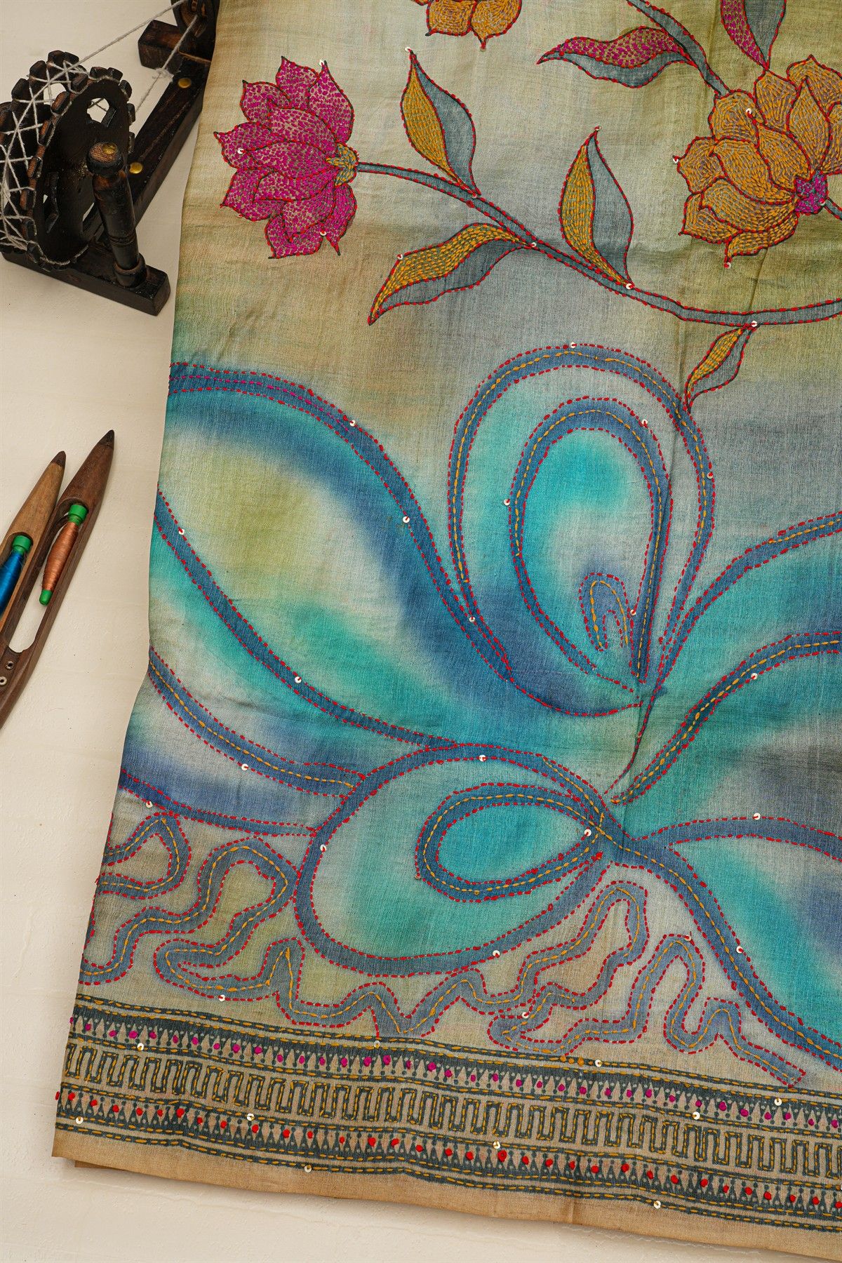 Fancy Tussar Dual Colour Saree With Kantha Work Border
