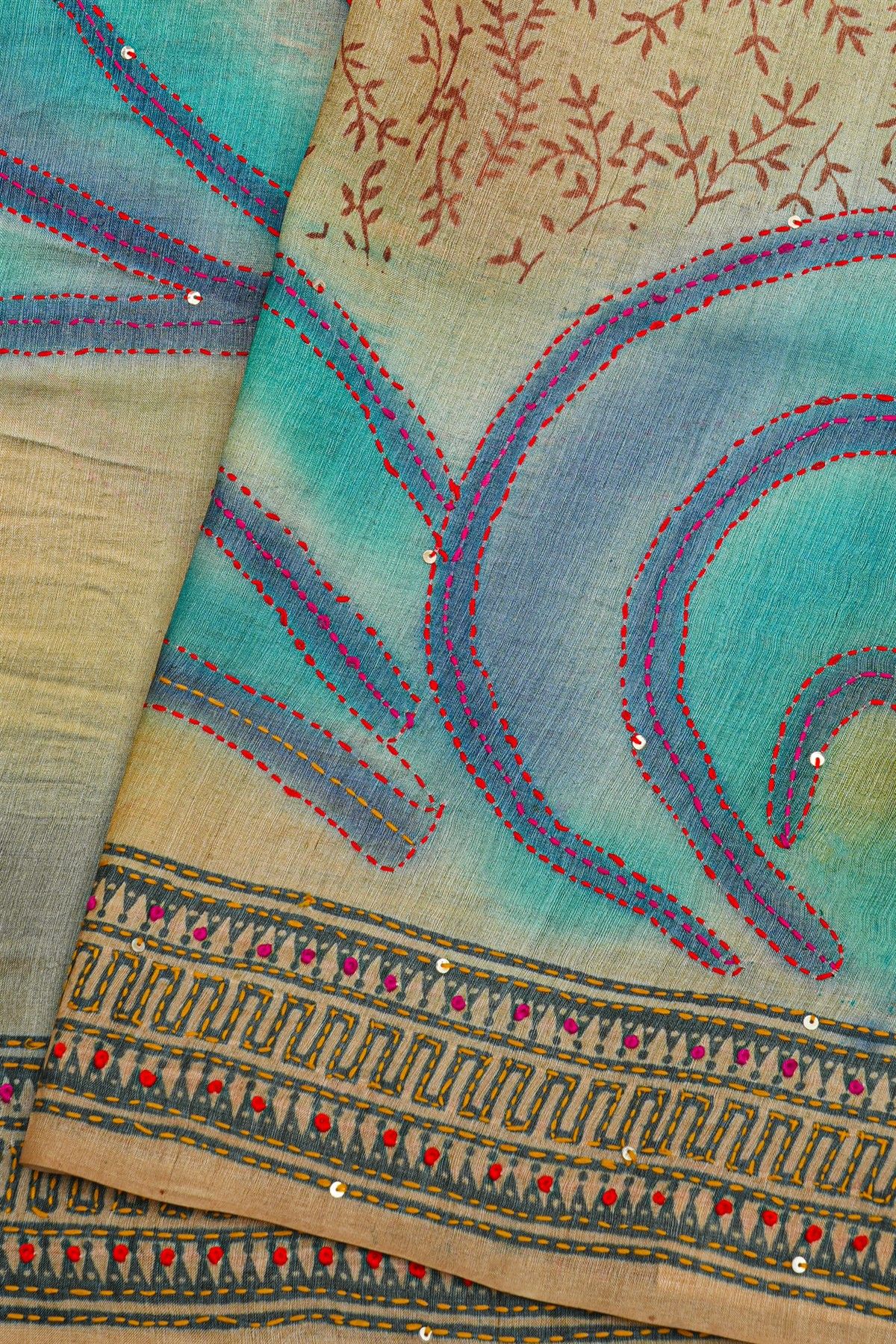 Fancy Tussar Dual Colour Saree With Kantha Work Border