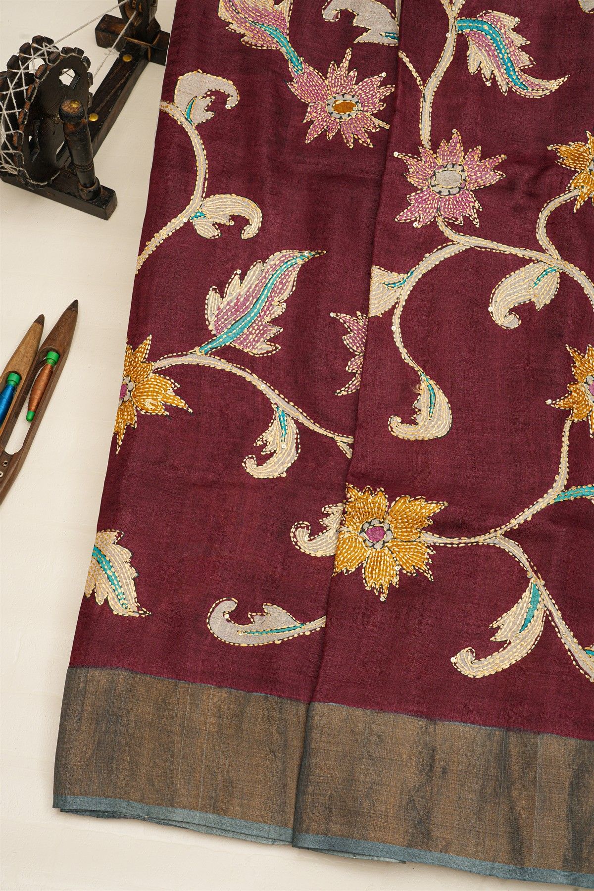 Fancy Tussar Maroon Saree With Kantha Work Pallu