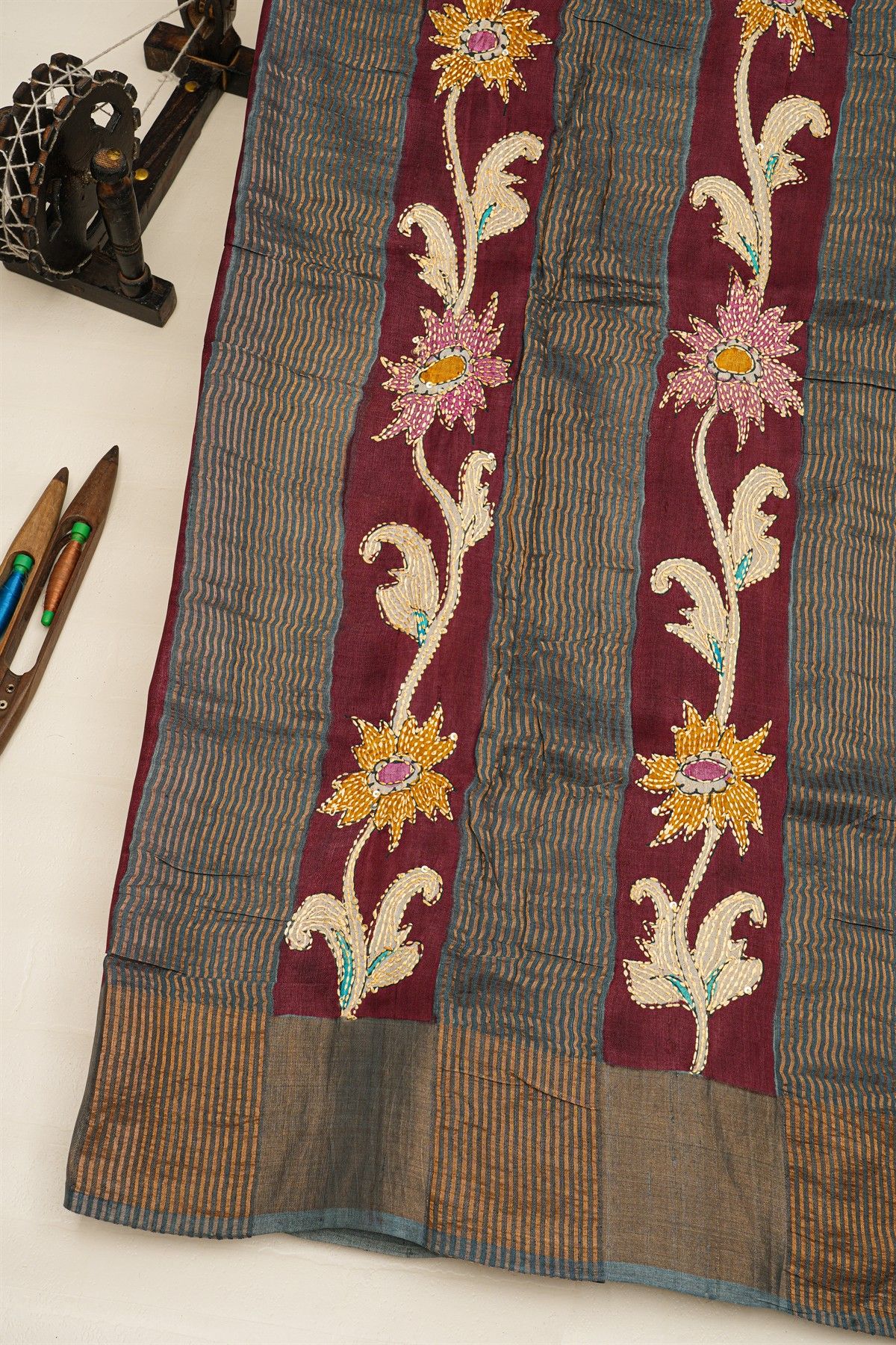 Fancy Tussar Maroon Saree With Kantha Work Pallu