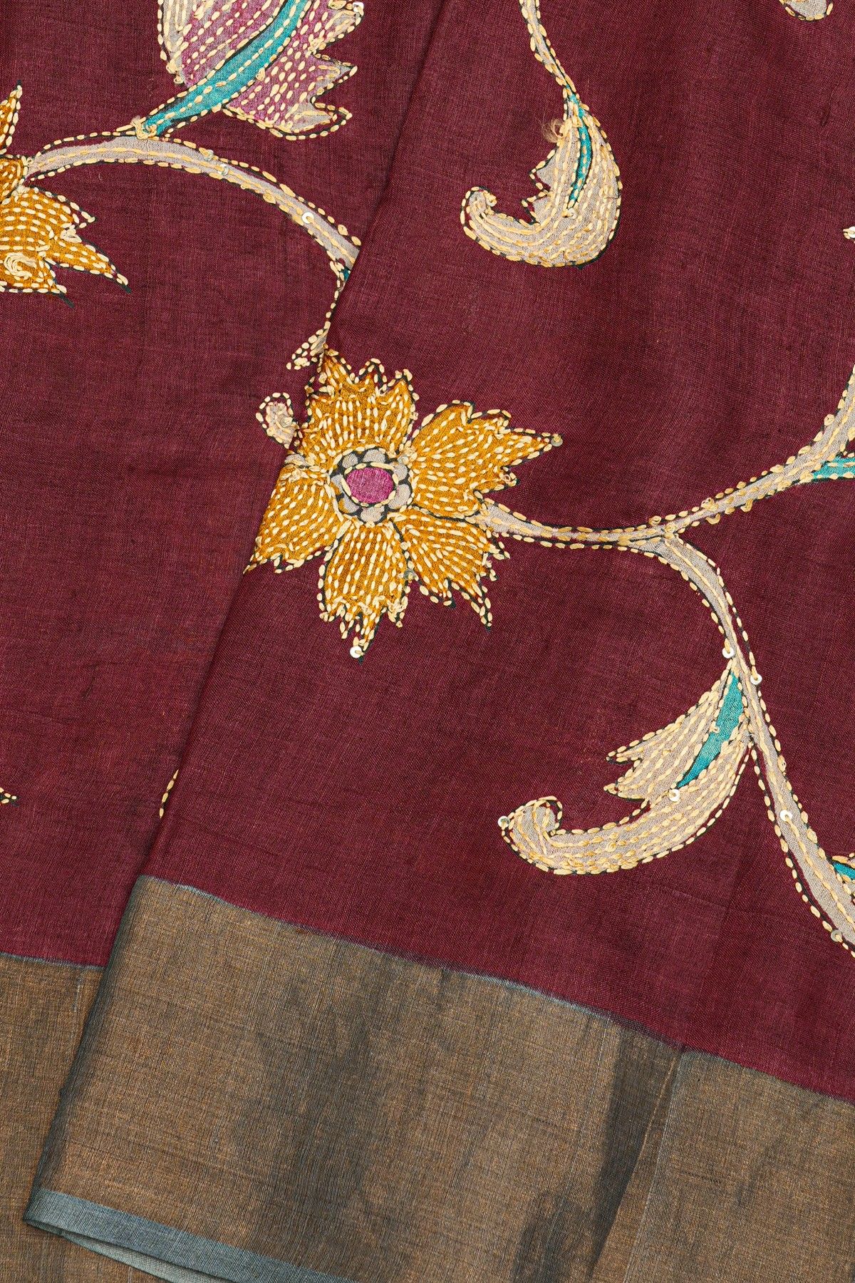 Fancy Tussar Maroon Saree With Kantha Work Pallu