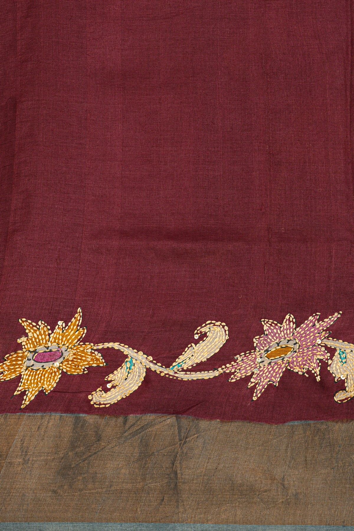 Fancy Tussar Maroon Saree With Kantha Work Pallu