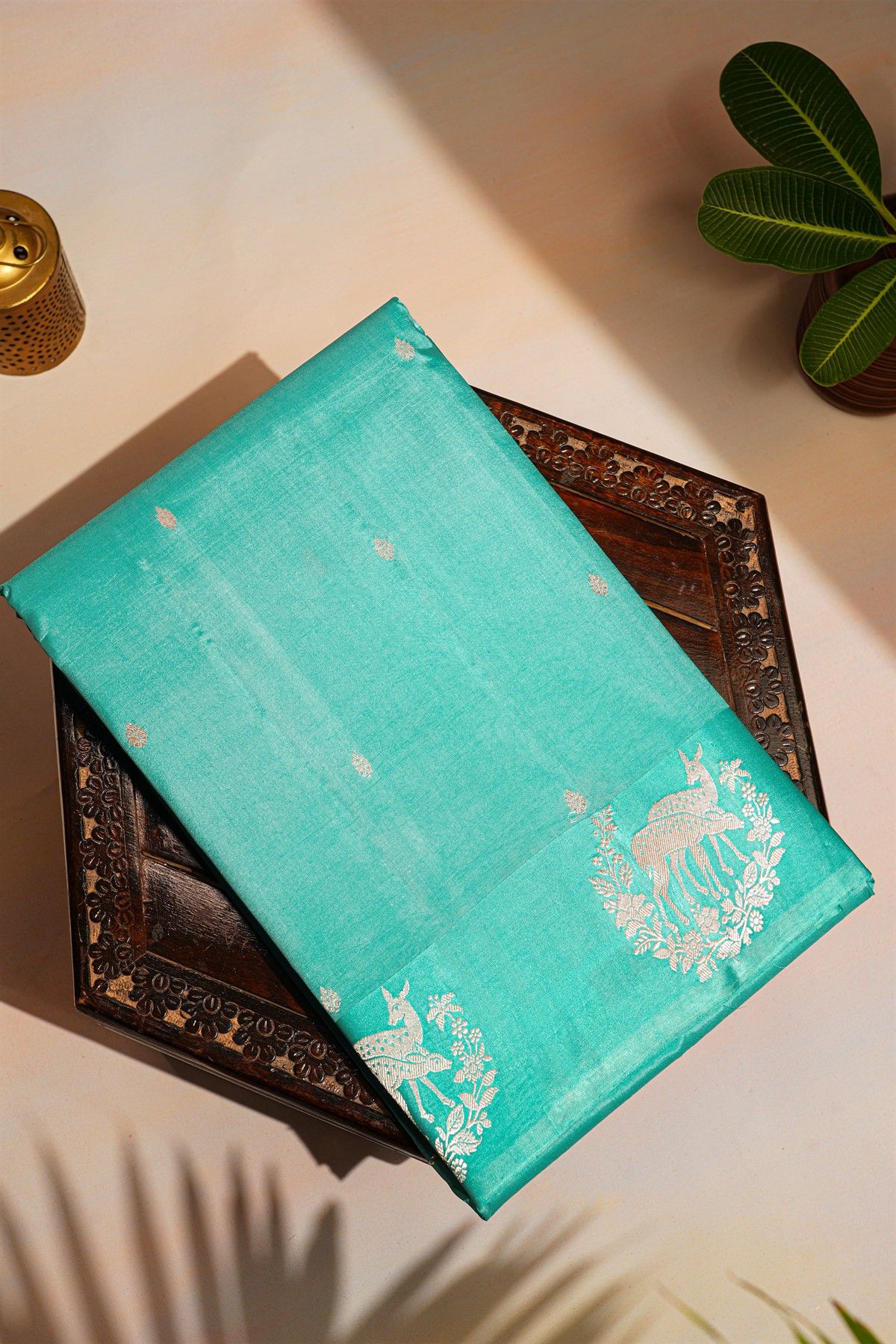 Fancy Matka Silk Sky Blue Saree With Florals And Buttis Body And Self Florals With Deers Border