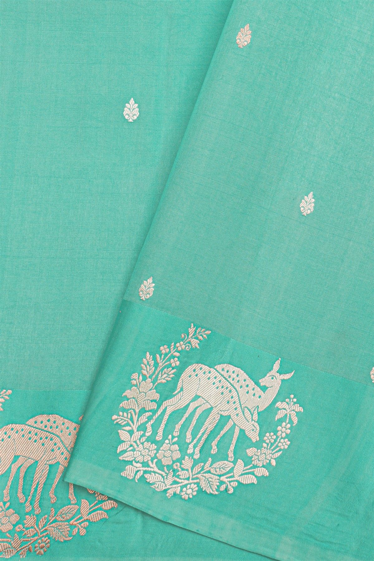 Fancy Matka Silk Sky Blue Saree With Florals And Buttis Body And Self Florals With Deers Border