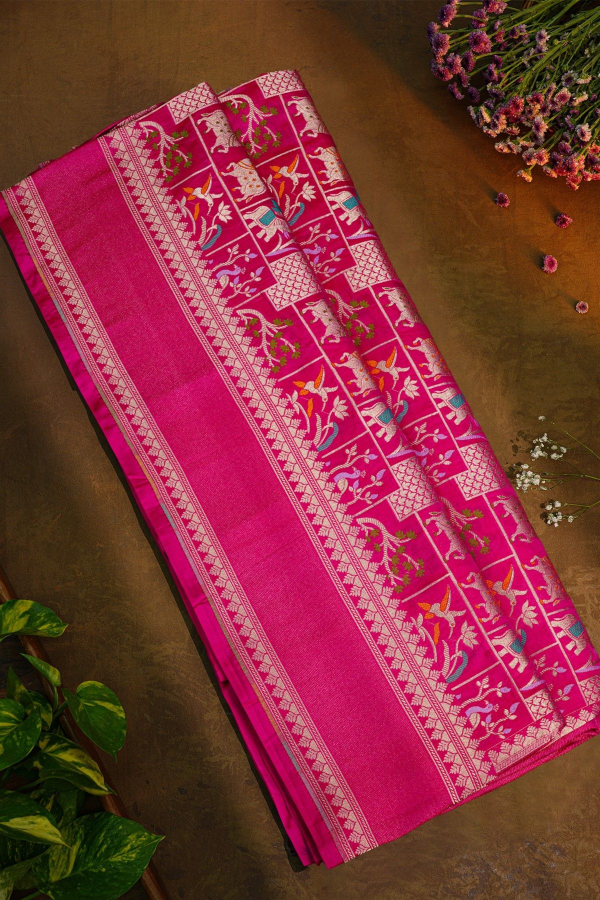 Banarasi Silk Rani Pink Saree With Gap Motifs Border