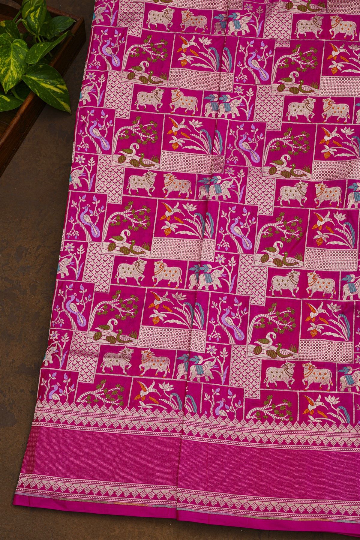 Banarasi Silk Rani Pink Saree With Gap Motifs Border
