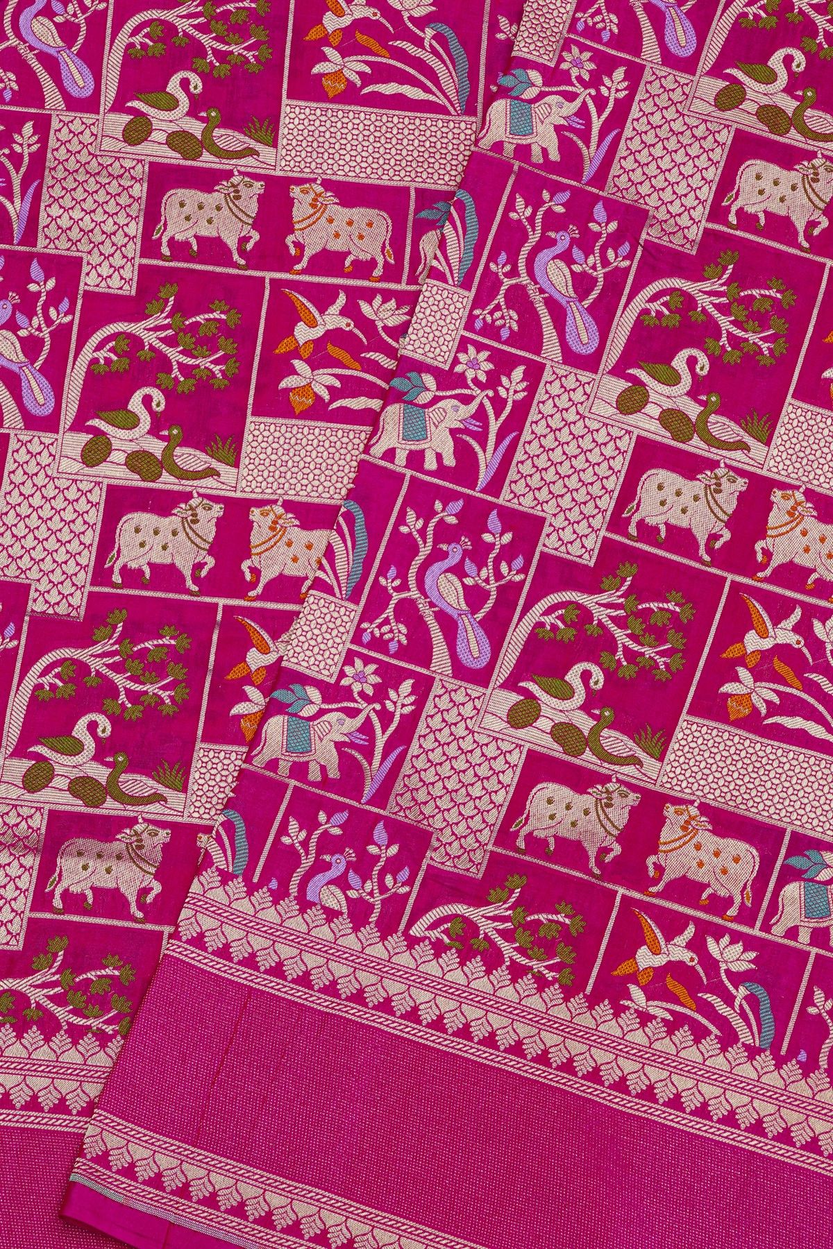 Banarasi Silk Rani Pink Saree With Gap Motifs Border