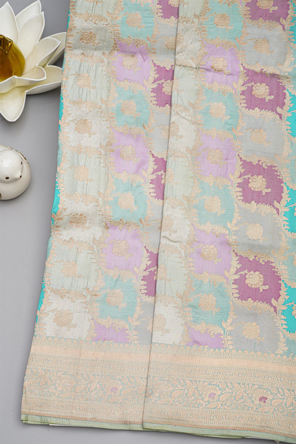 Banarasi Silk Multi-Colour Saree With Florals And Leaves Jaal Self Border