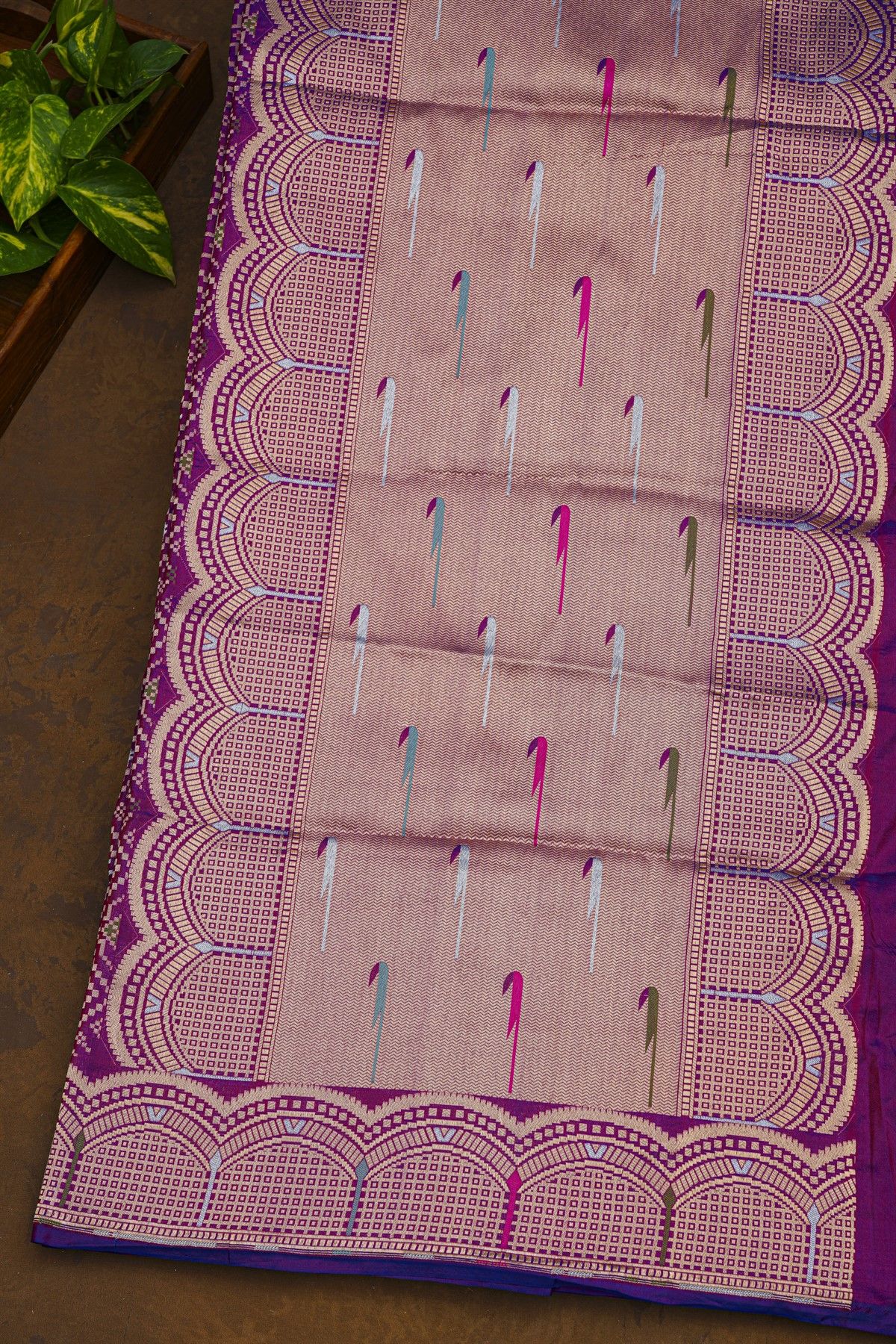 Banarasi Silk Purple Saree With Buttis In Curvy Shapes Border