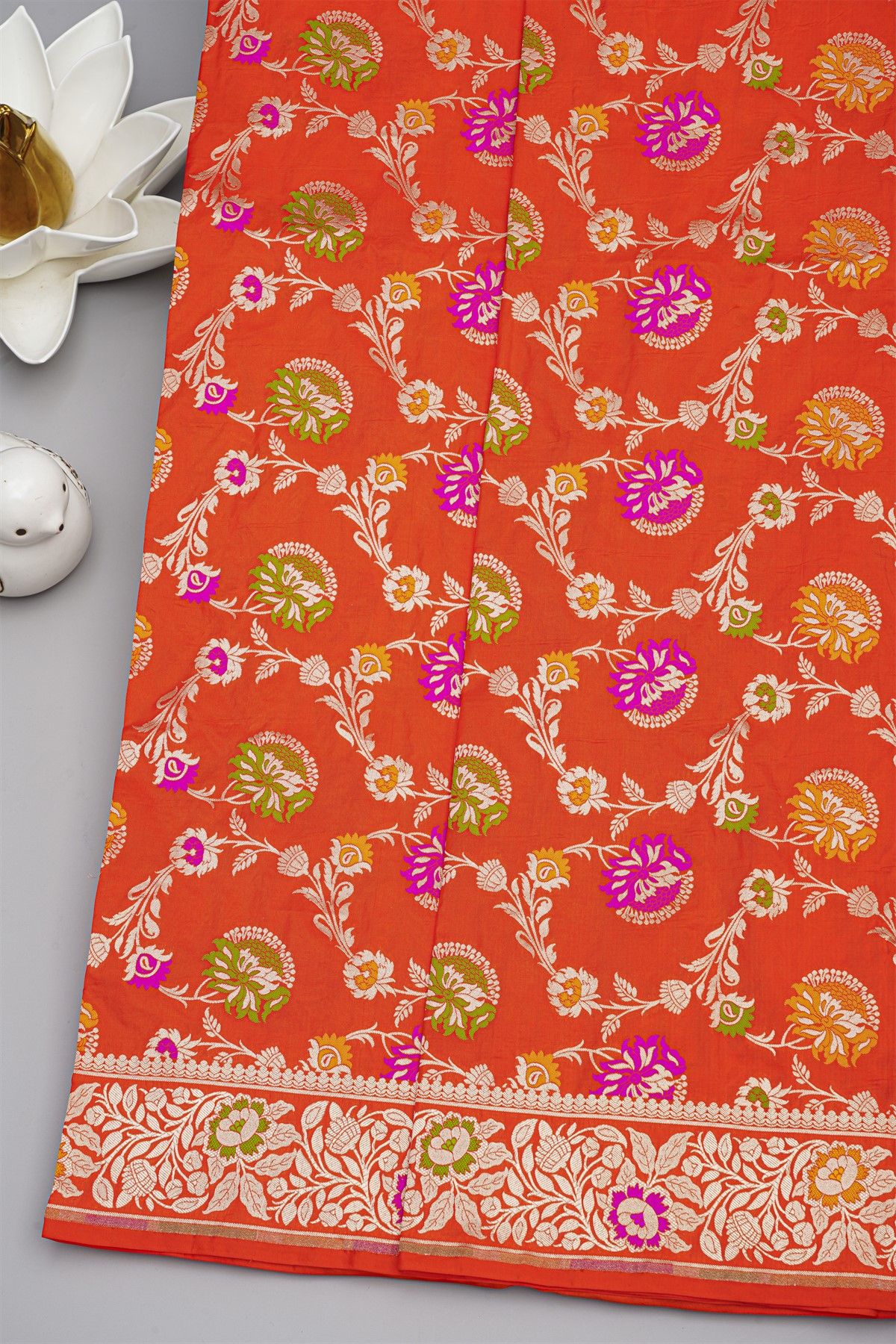 Banarasi Silk Red Saree With Florals And Leaves Jaal Self Border