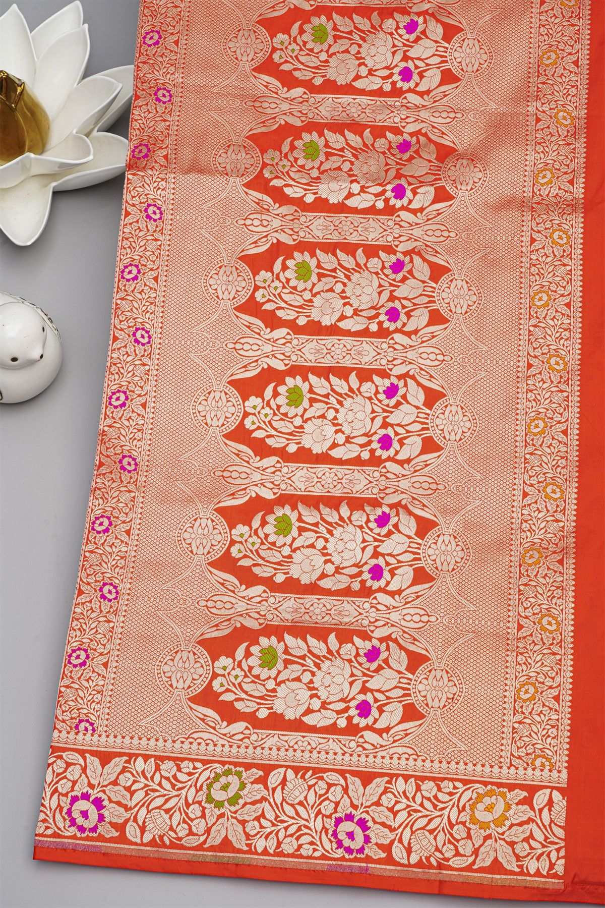 Banarasi Silk Red Saree With Florals And Leaves Jaal Self Border