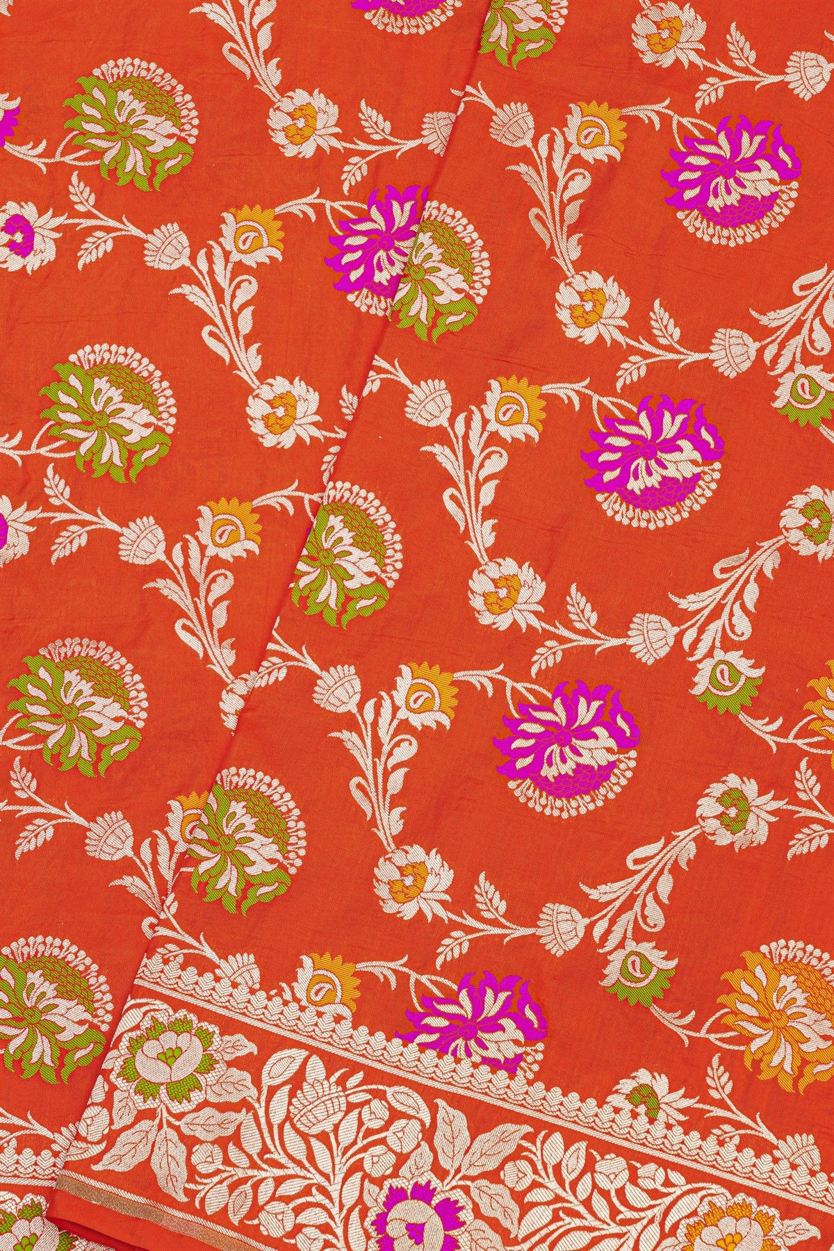 Banarasi Silk Red Saree With Florals And Leaves Jaal Self Border