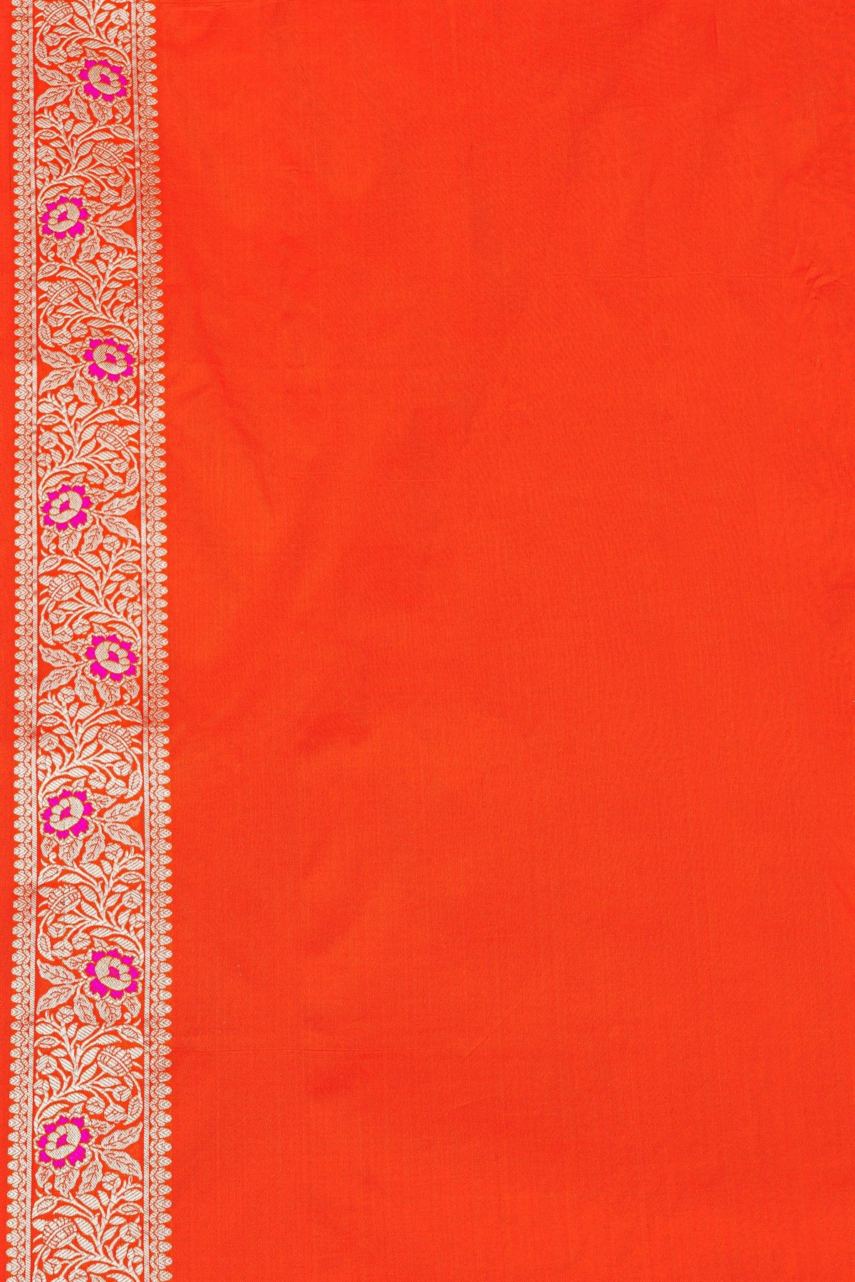 Banarasi Silk Red Saree With Florals And Leaves Jaal Self Border