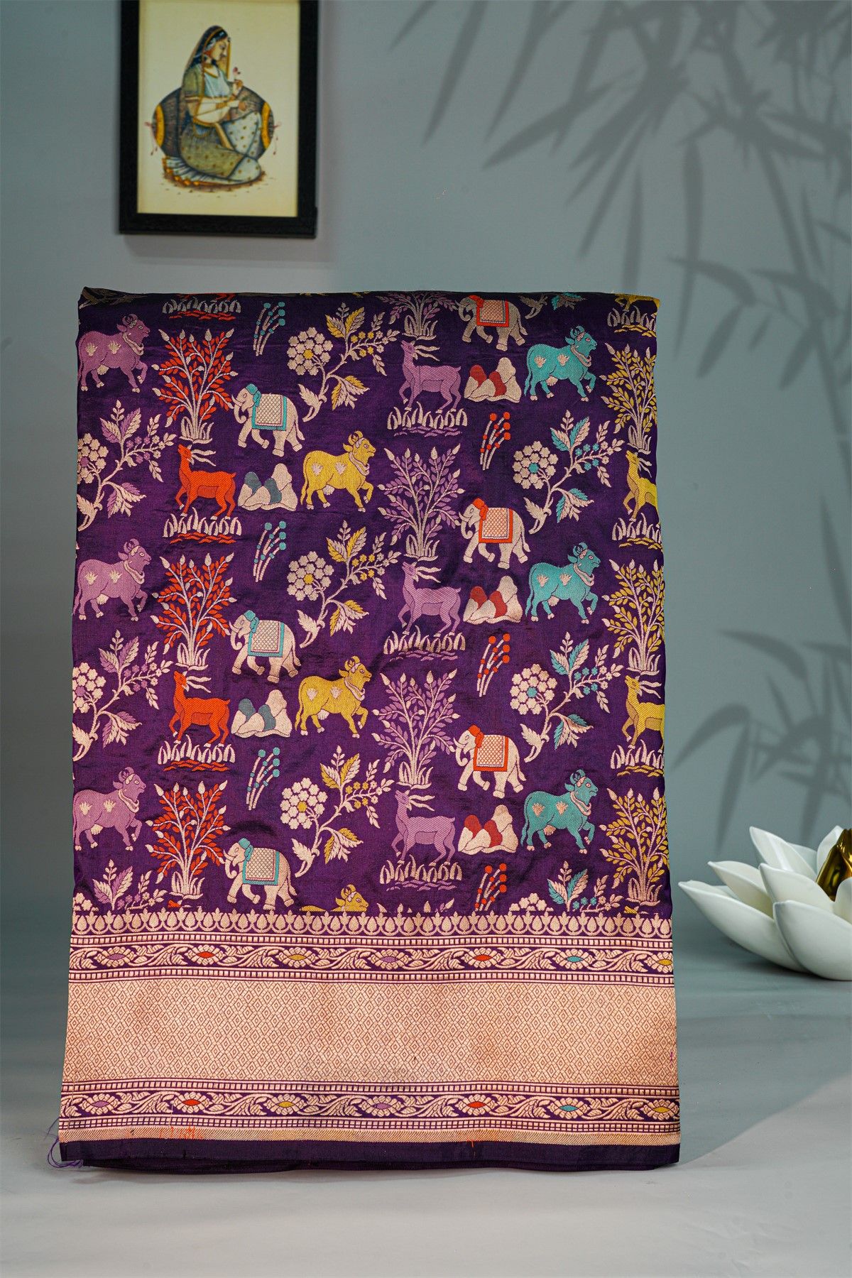 Banarasi Silk Violet Saree With Animal Theme Body