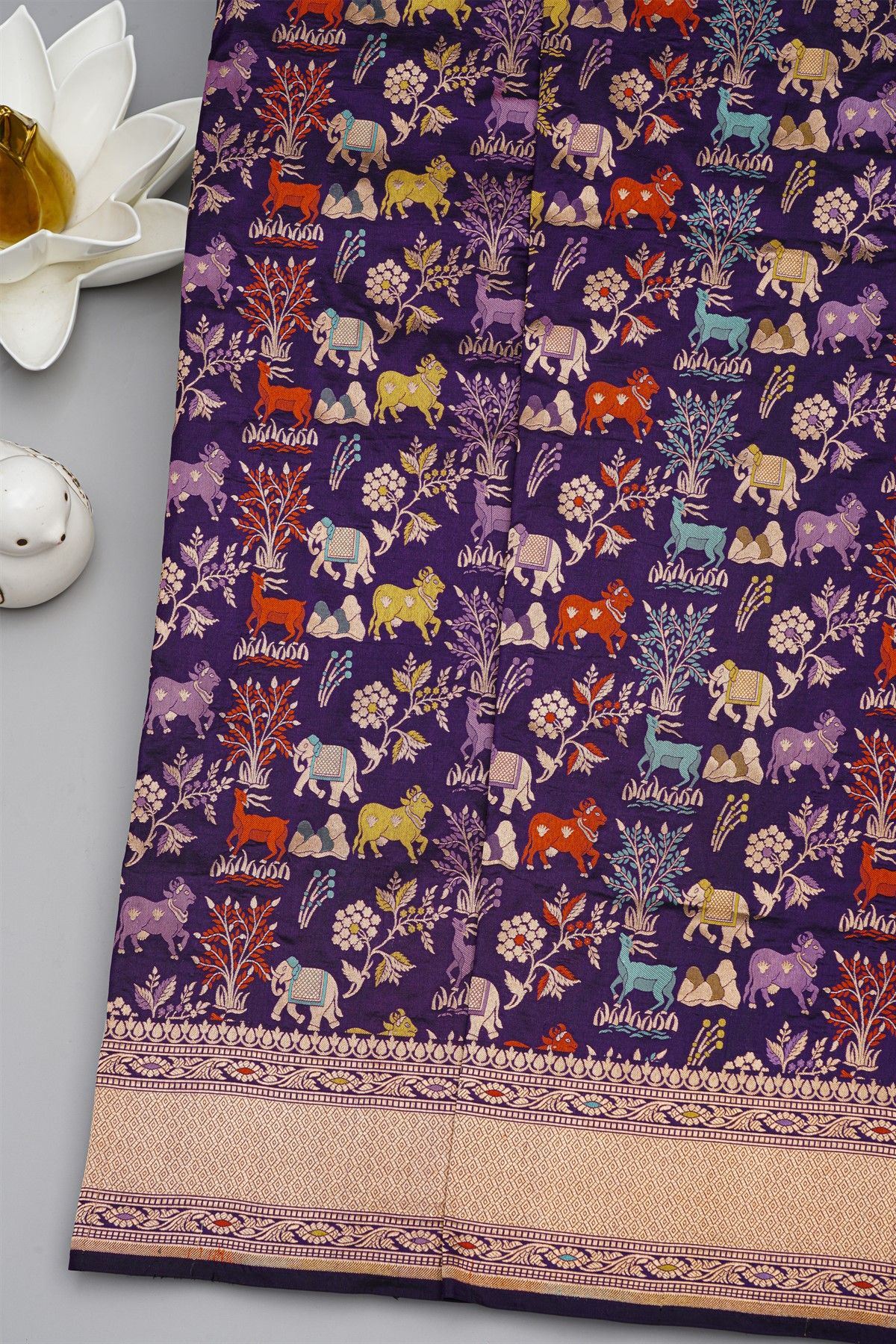 Banarasi Silk Violet Saree With Animal Theme Body