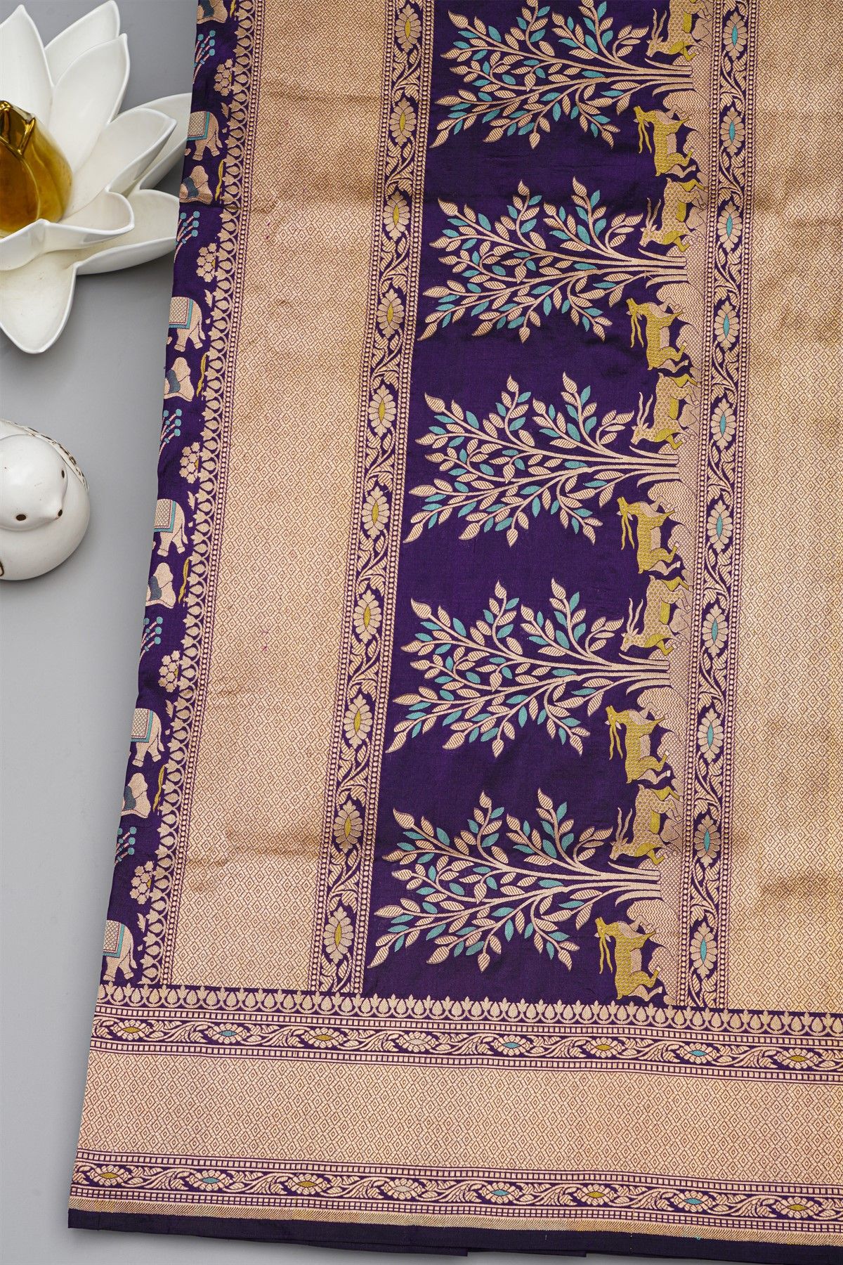 Banarasi Silk Violet Saree With Animal Theme Body