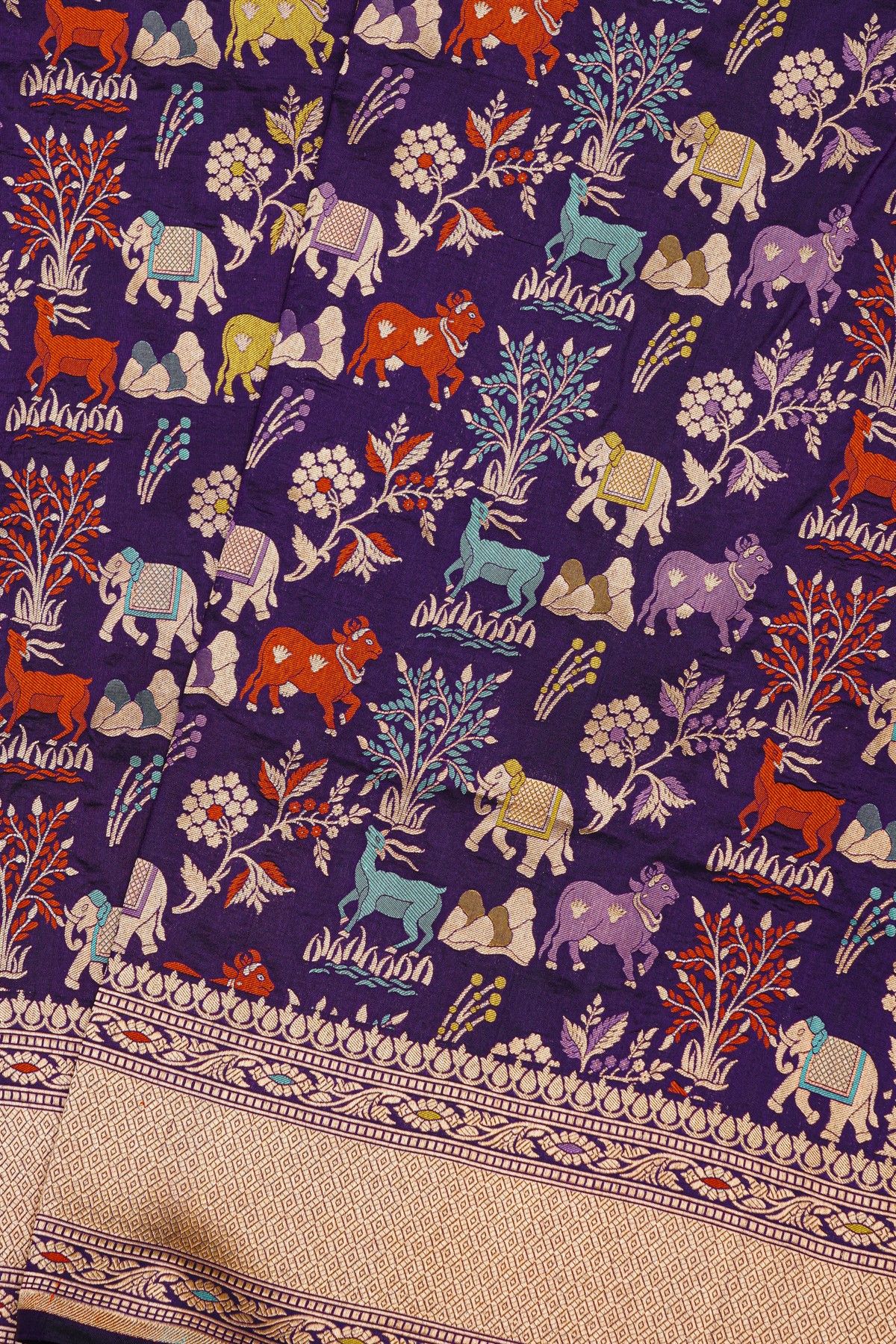 Banarasi Silk Violet Saree With Animal Theme Body