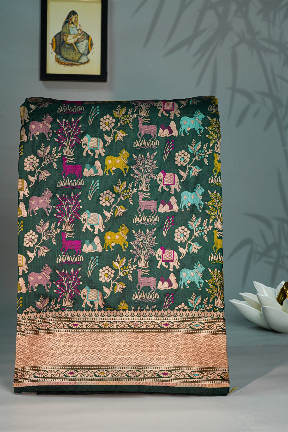 Banarasi Silk Bottle Green Saree With Animal Theme