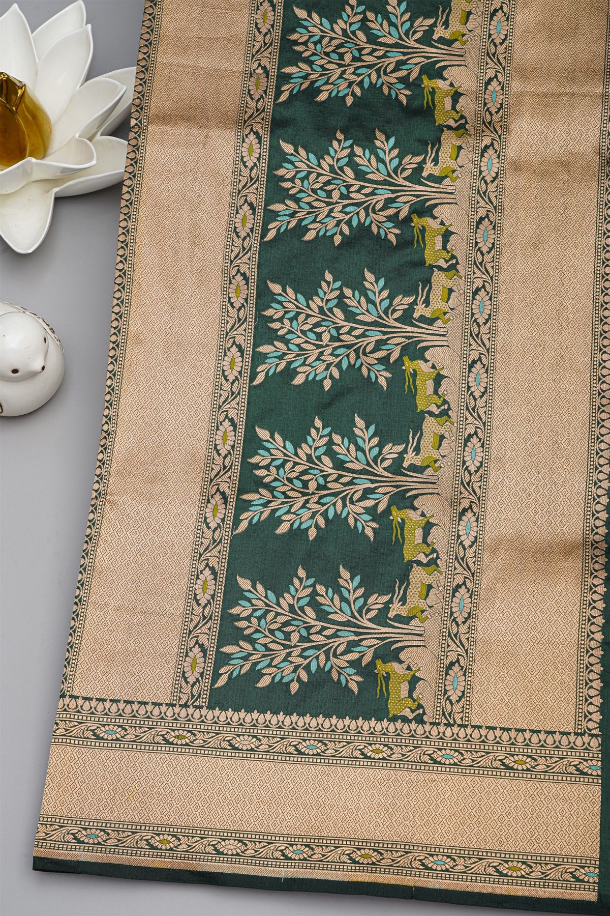 Banarasi Silk Bottle Green Saree With Animal Theme