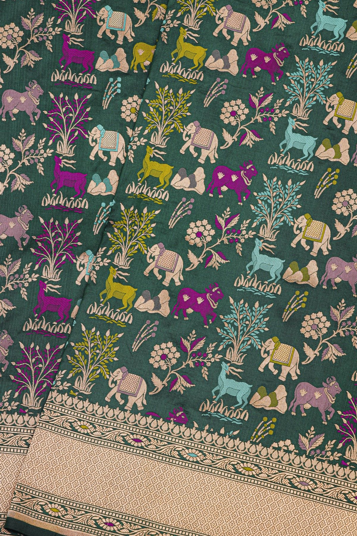 Banarasi Silk Bottle Green Saree With Animal Theme