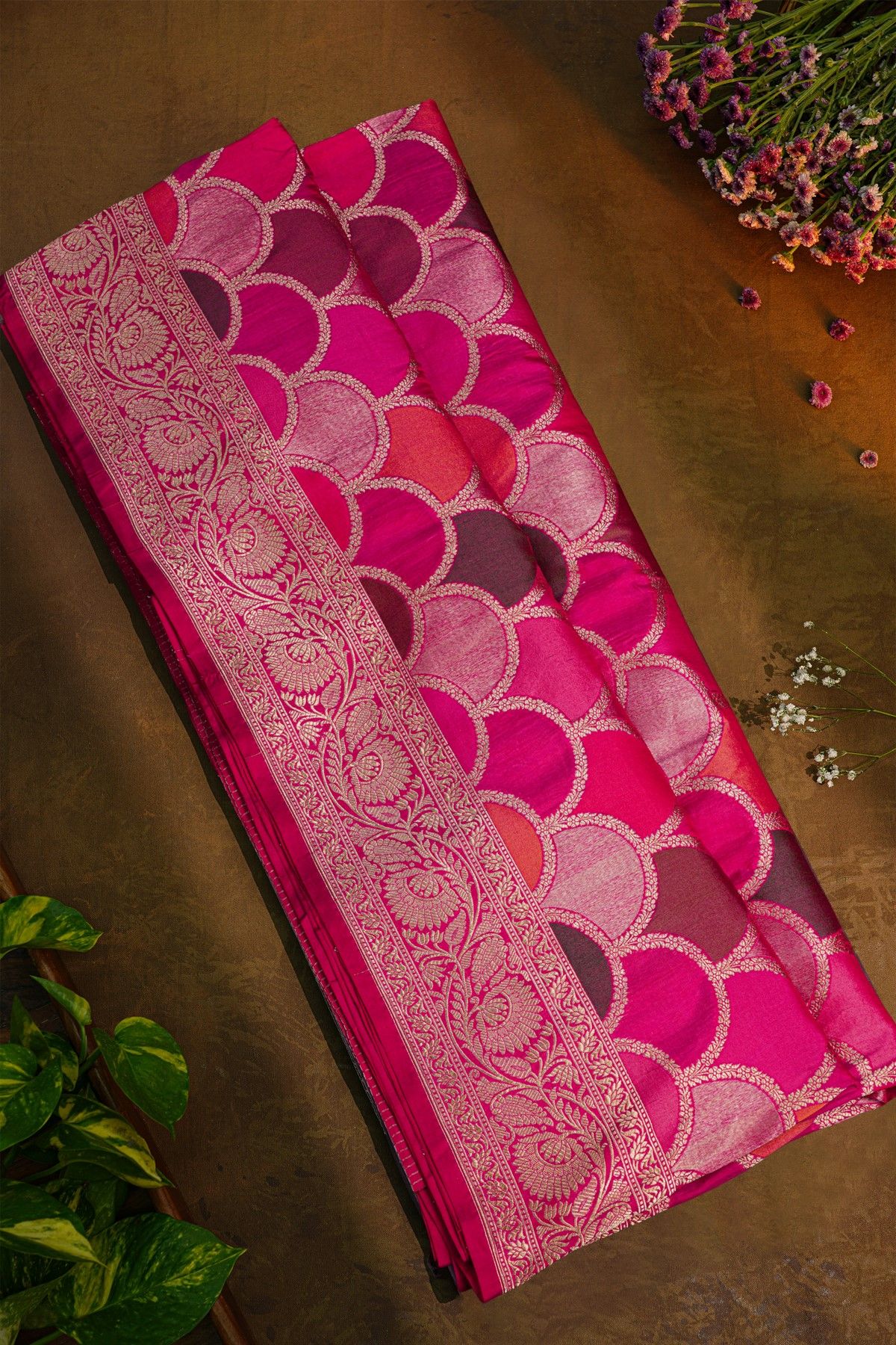 Banarasi Silk Multi-Colour Saree With Arched Scales With Florals And Leaves Body