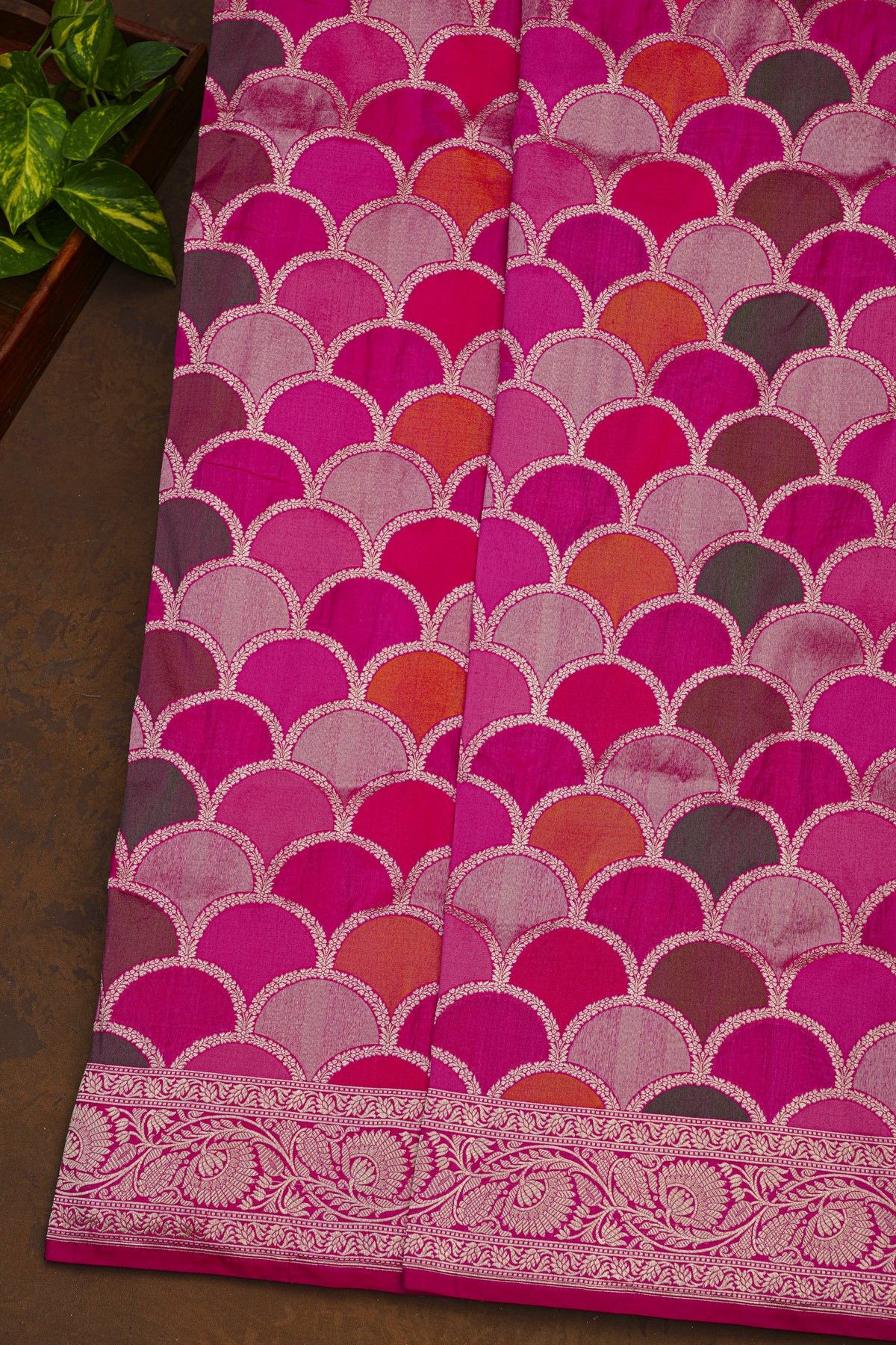 Banarasi Silk Multi-Colour Saree With Arched Scales With Florals And Leaves Body