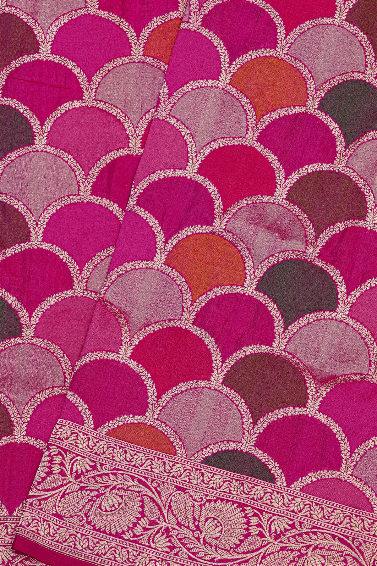 Banarasi Silk Multi-Colour Saree With Arched Scales With Florals And Leaves Body