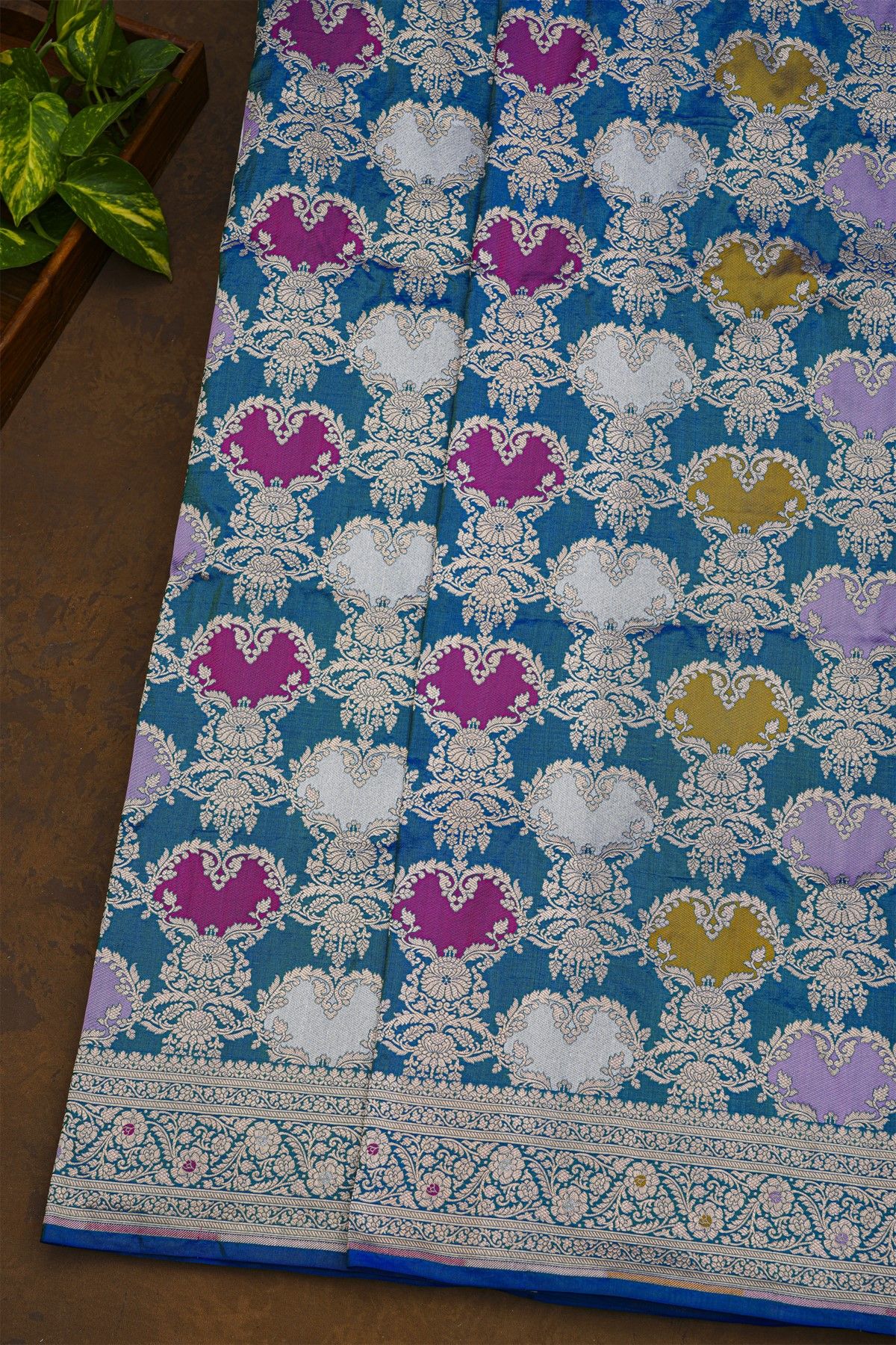 Banarasi Silk Teal Blue Saree With All Over Jaal In Meenakari Weave