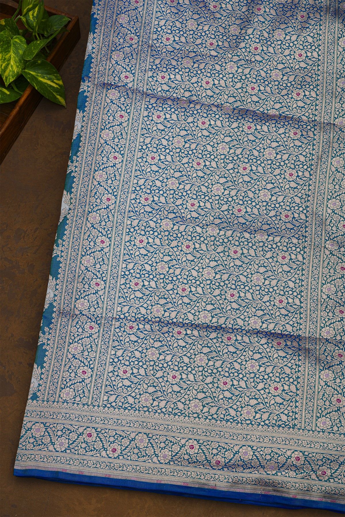 Banarasi Silk Teal Blue Saree With All Over Jaal In Meenakari Weave