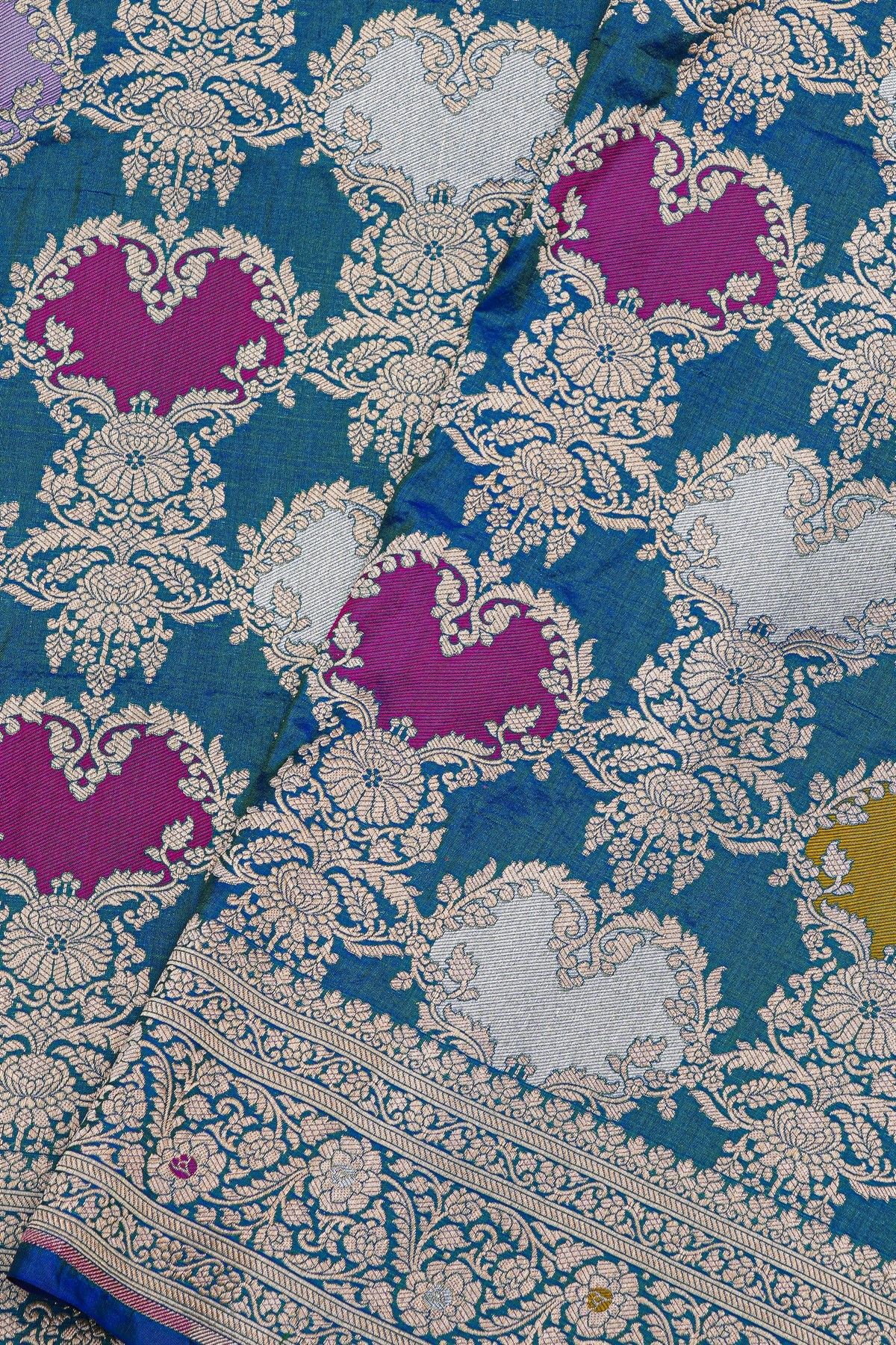 Banarasi Silk Teal Blue Saree With All Over Jaal In Meenakari Weave