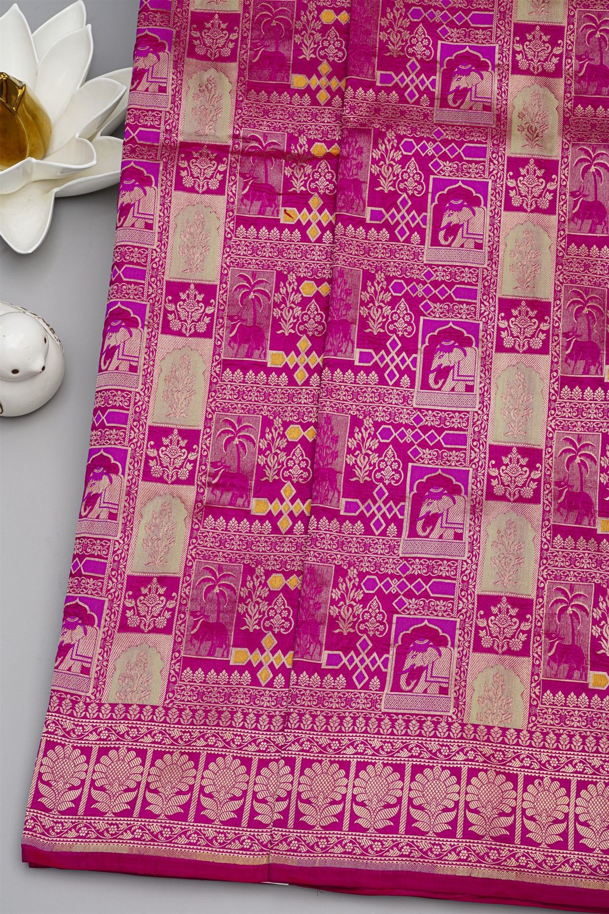 Banarasi Silk Rani Pink Saree With Florals And Leaves Box Border