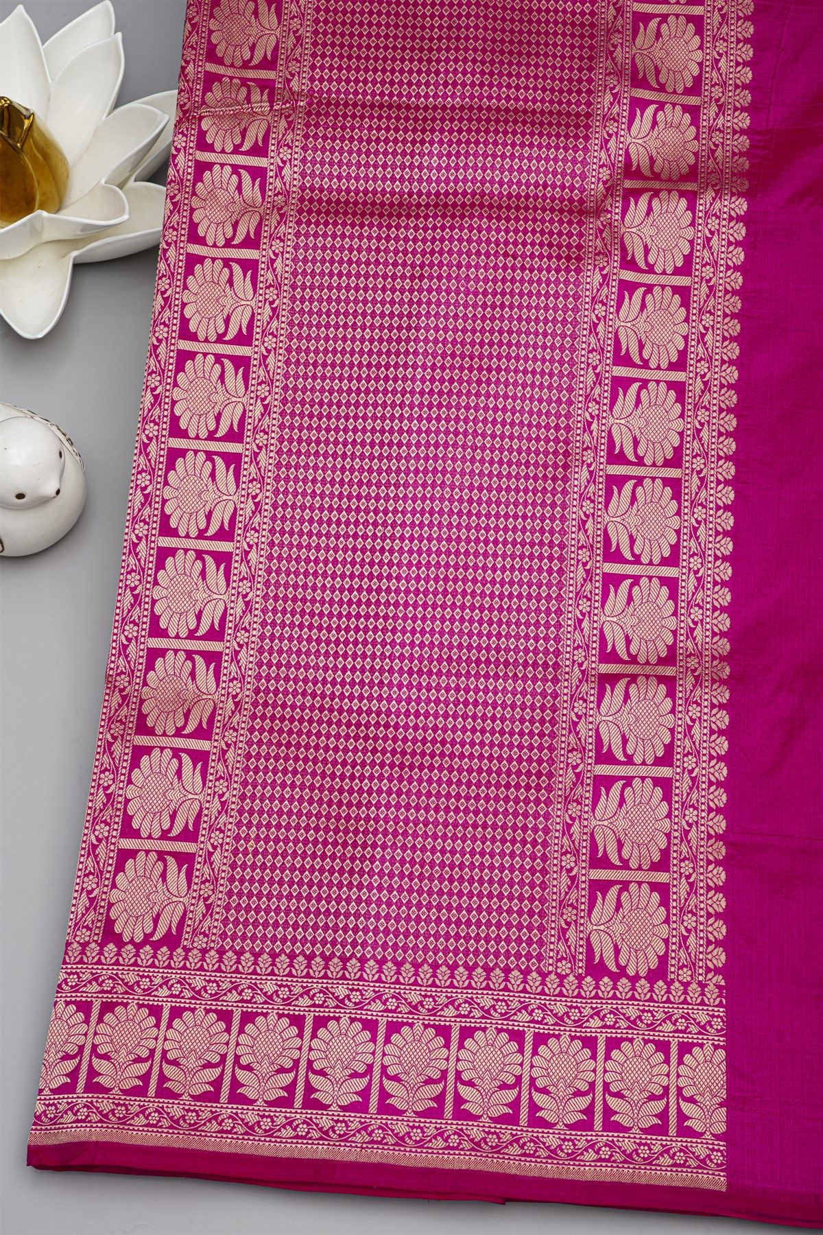 Banarasi Silk Rani Pink Saree With Florals And Leaves Box Border