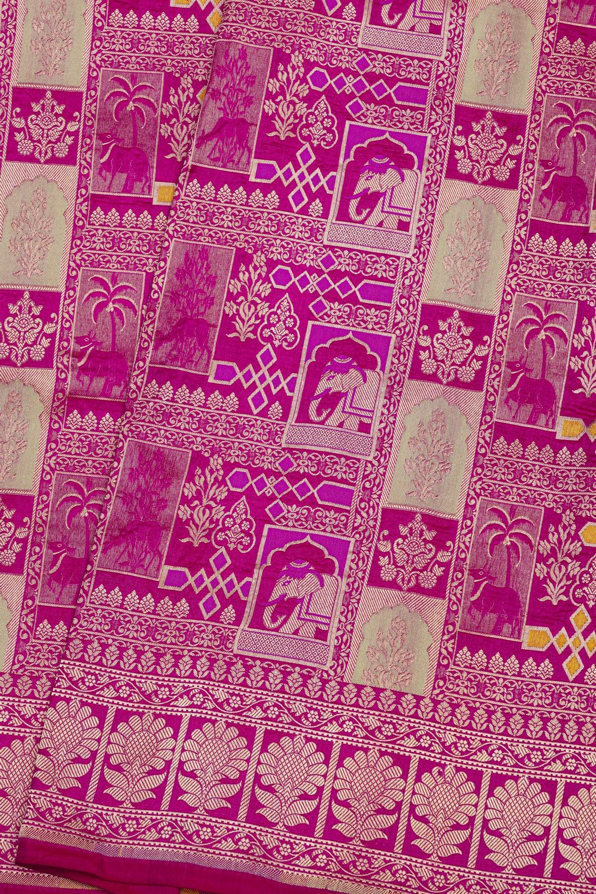 Banarasi Silk Rani Pink Saree With Florals And Leaves Box Border