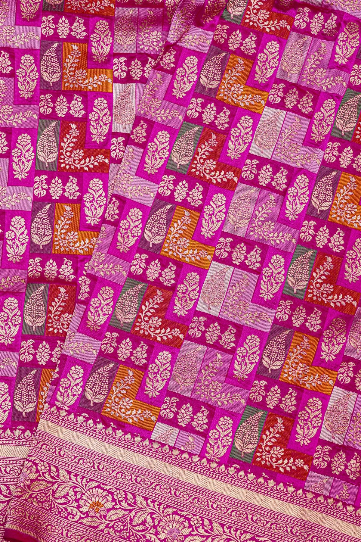 Banarasi Silk Rose Pink Saree With Florals And Leaves Jaal Border